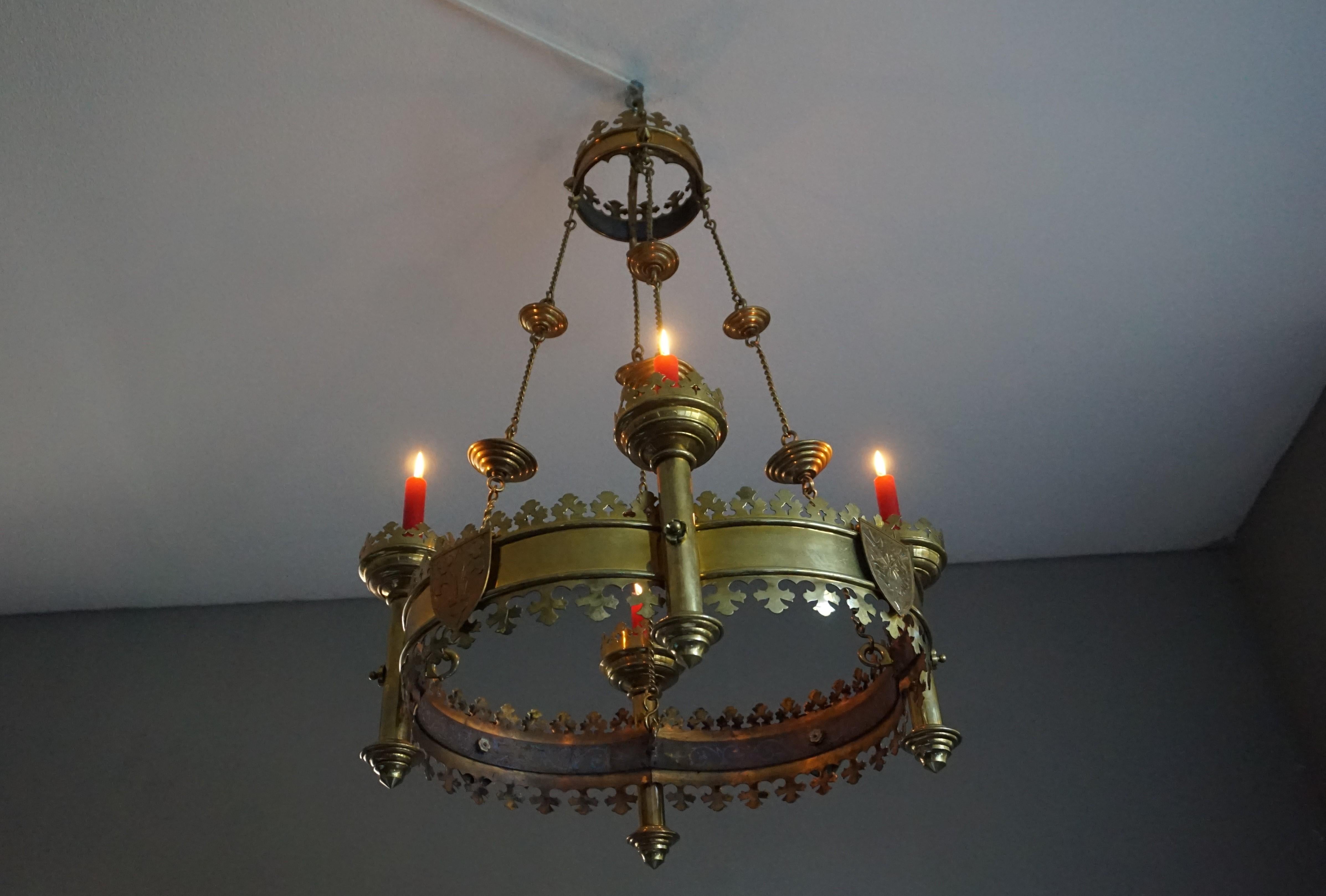 Rare and Striking Bronze & Brass Gothic Revival Advent Wreath Candle Chandelier 11