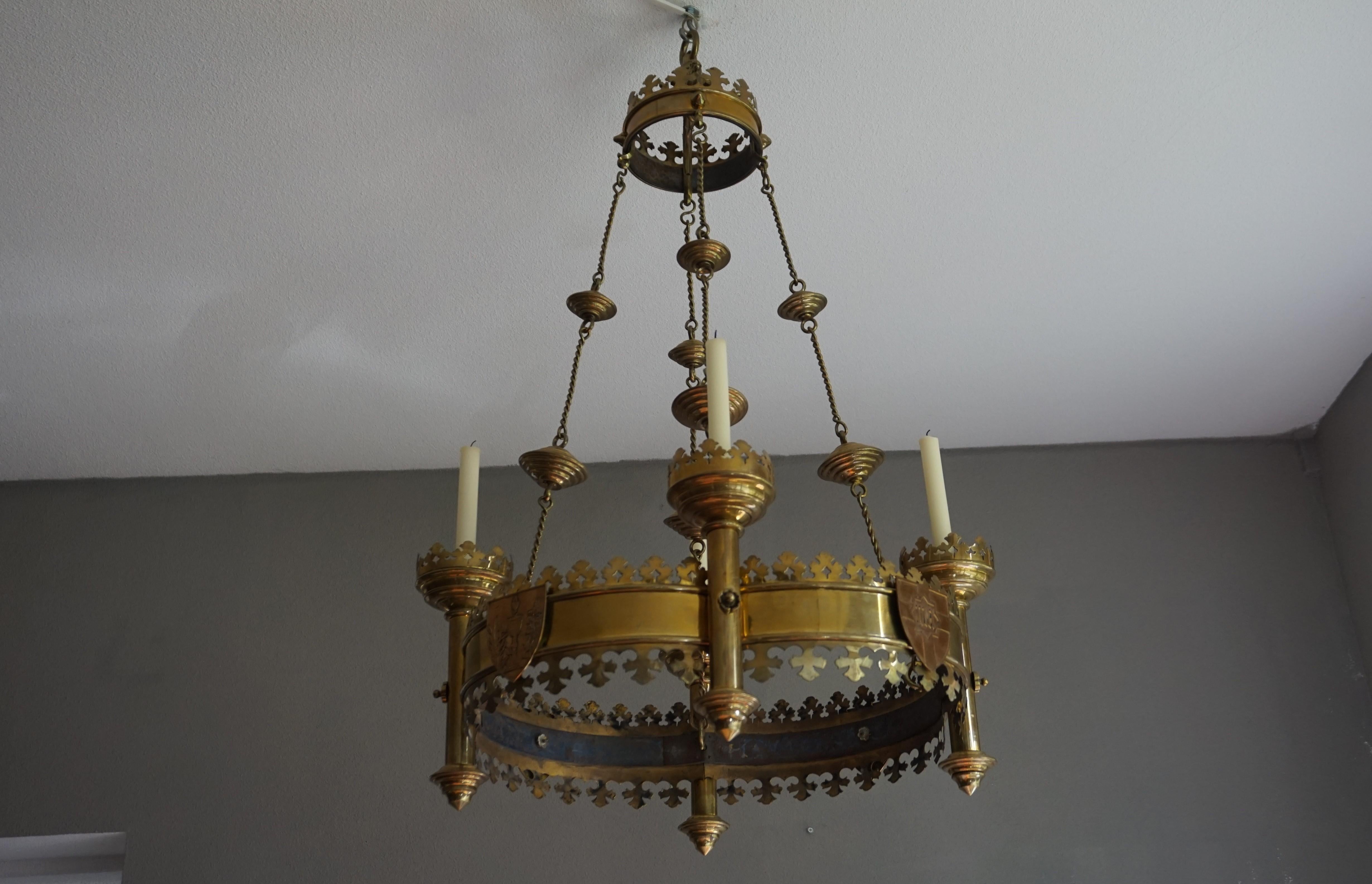 Rare and Striking Bronze & Brass Gothic Revival Advent Wreath Candle Chandelier 12