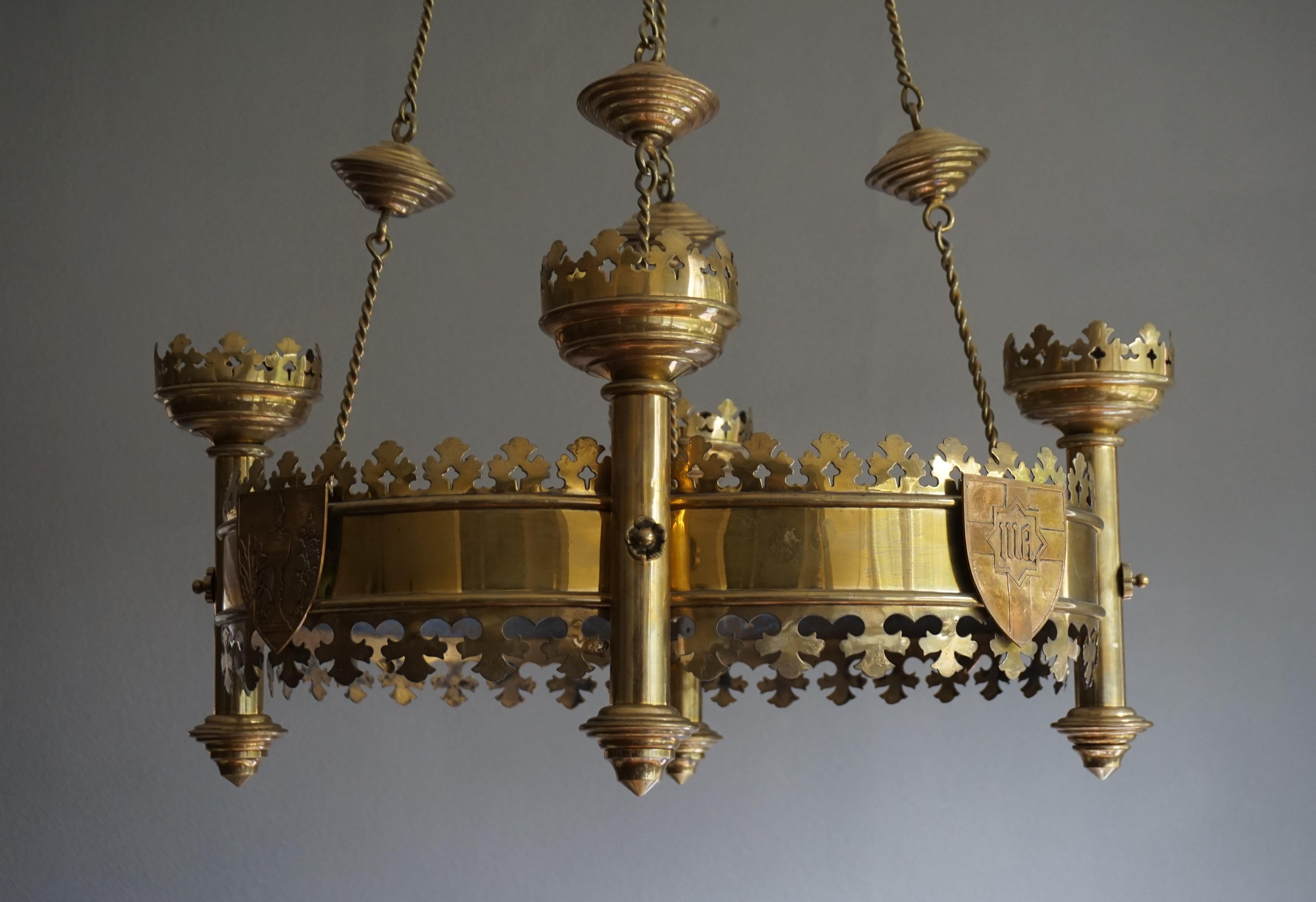 19th Century Rare and Striking Bronze & Brass Gothic Revival Advent Wreath Candle Chandelier