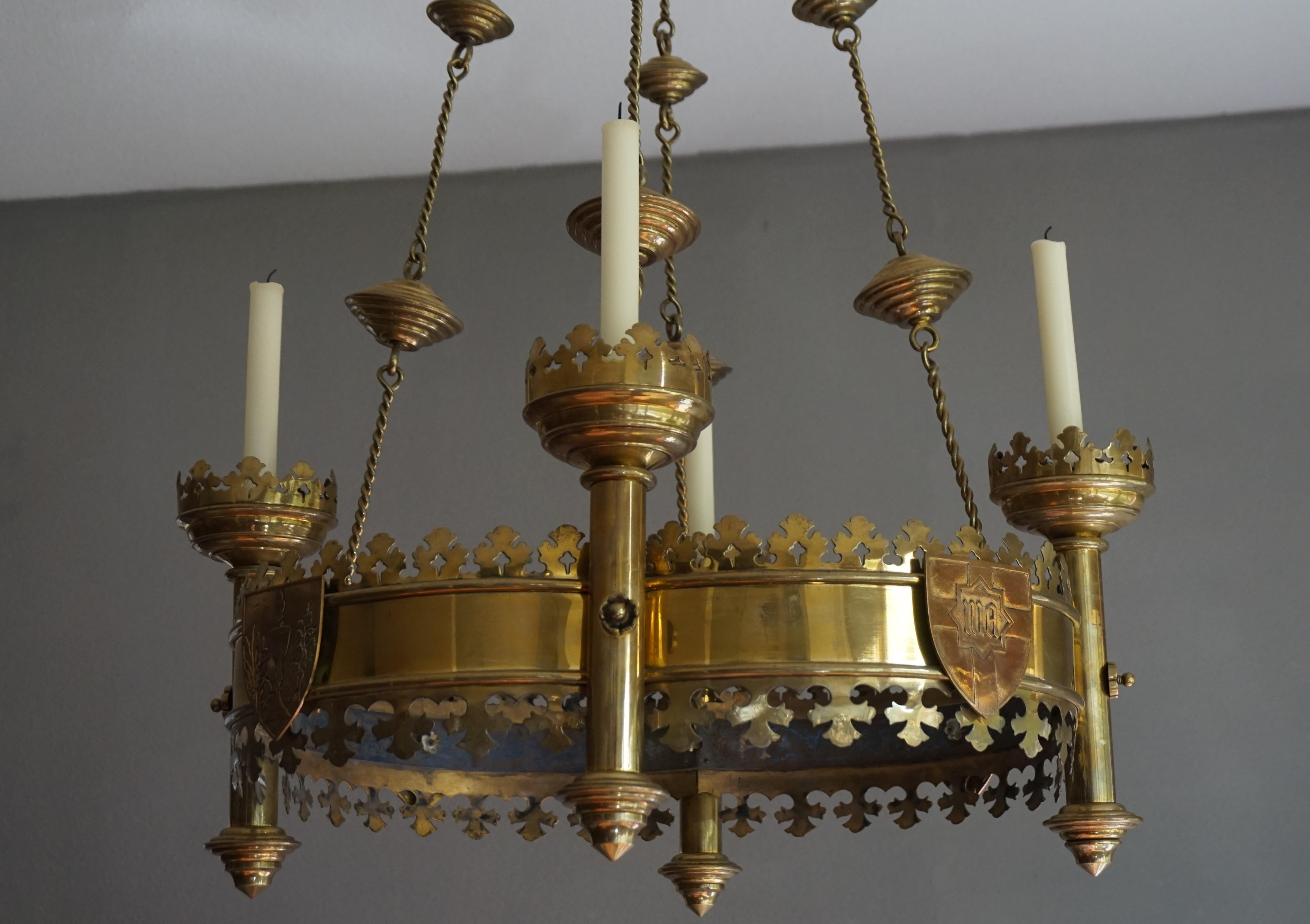 Rare and Striking Bronze & Brass Gothic Revival Advent Wreath Candle Chandelier In Good Condition In Lisse, NL