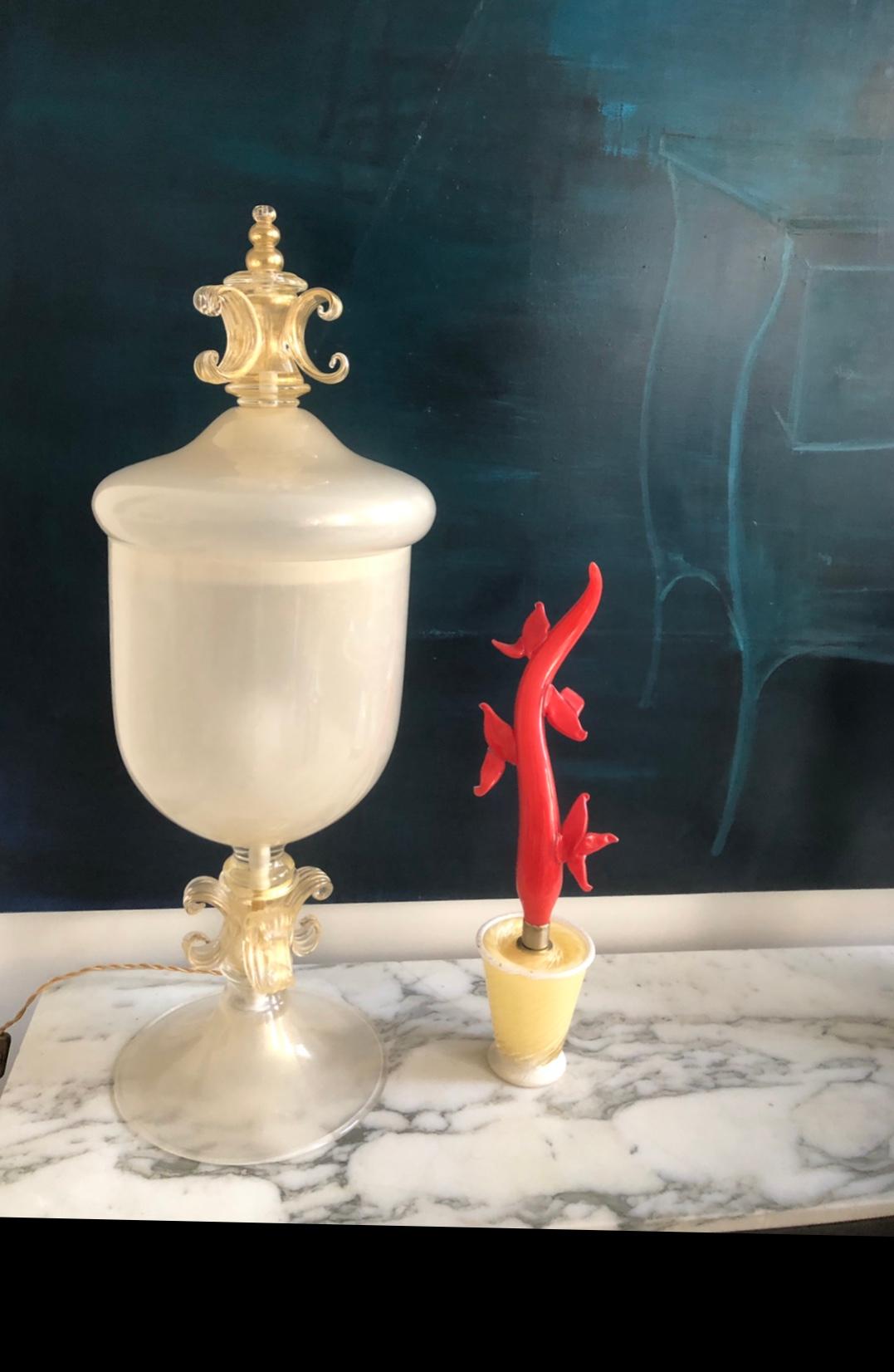 Barbini red gold flecks art Murano glass coral sculpture. Intense red coral branch and gold flecks infused on a clear glass pot. The coral has a brass ring between the branch and the pot.
THE PRICE IS FOR ONE PIECE. 
The piece has NO damage (chips,