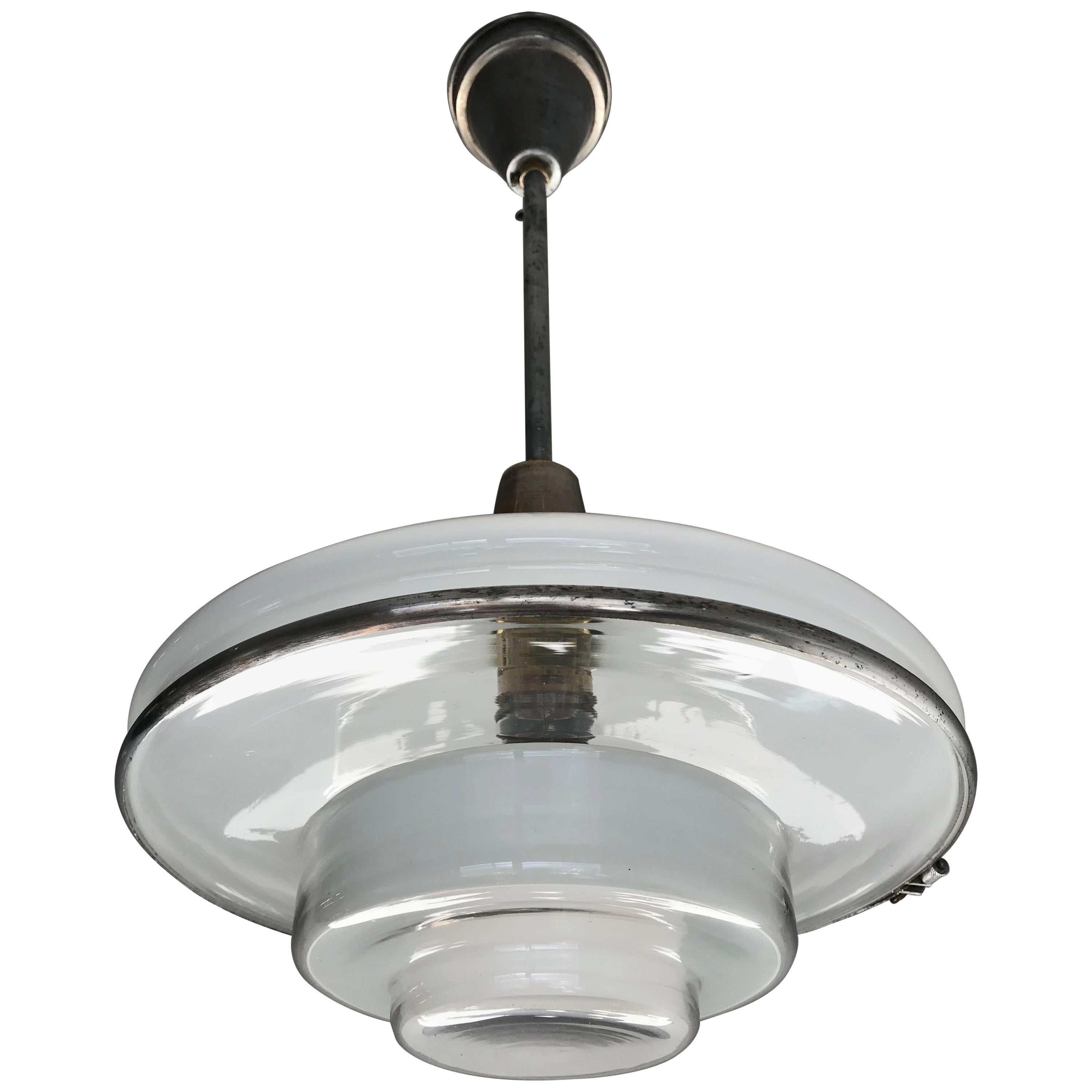 Rare and Stylish 1920s Art Deco Opaline, Transparent Glass 
Brass Pendant Light