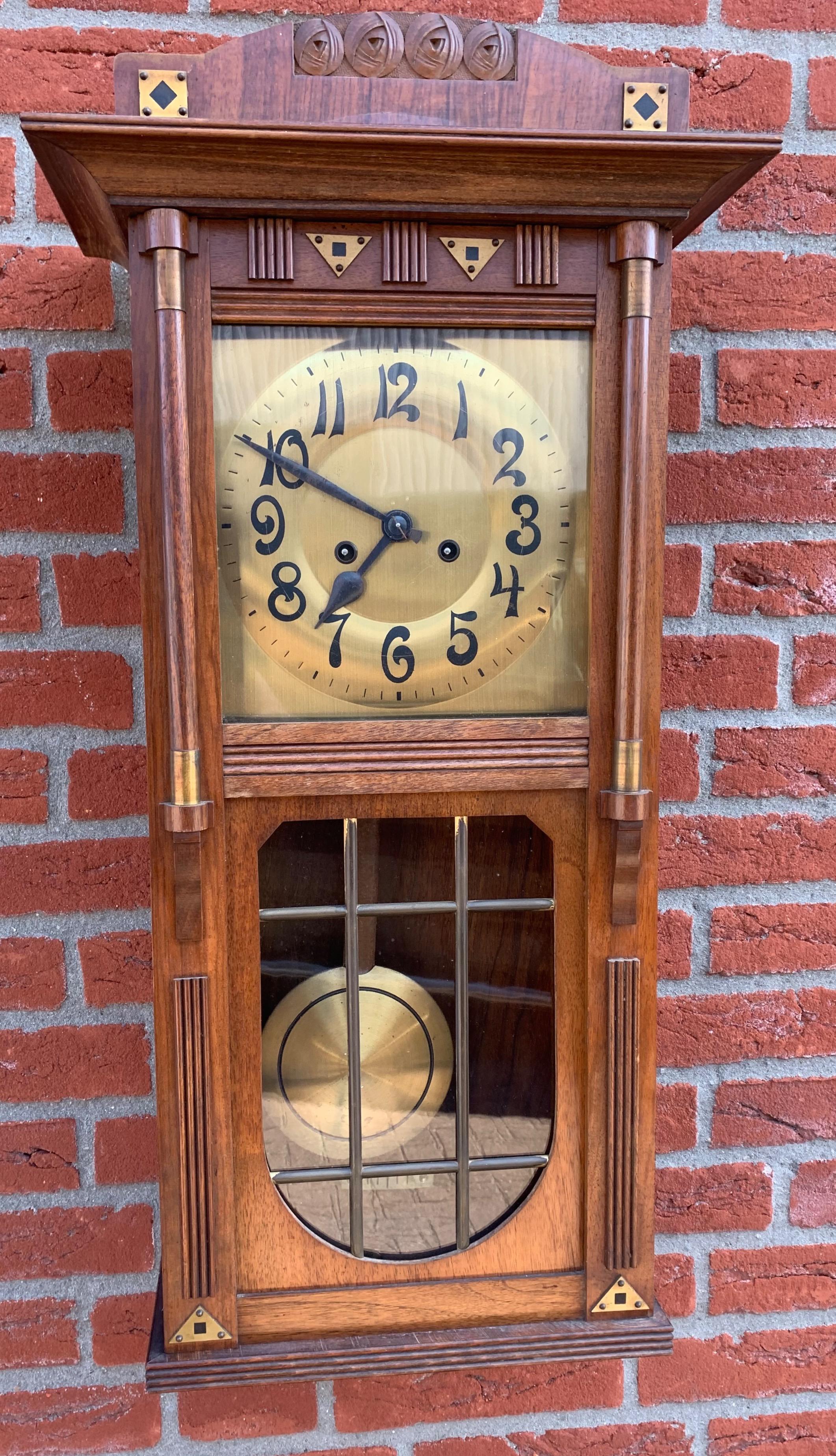 Rare and Stylish Viennese Secession Geometrical Design Nutwood  Brass Wall Clock 11