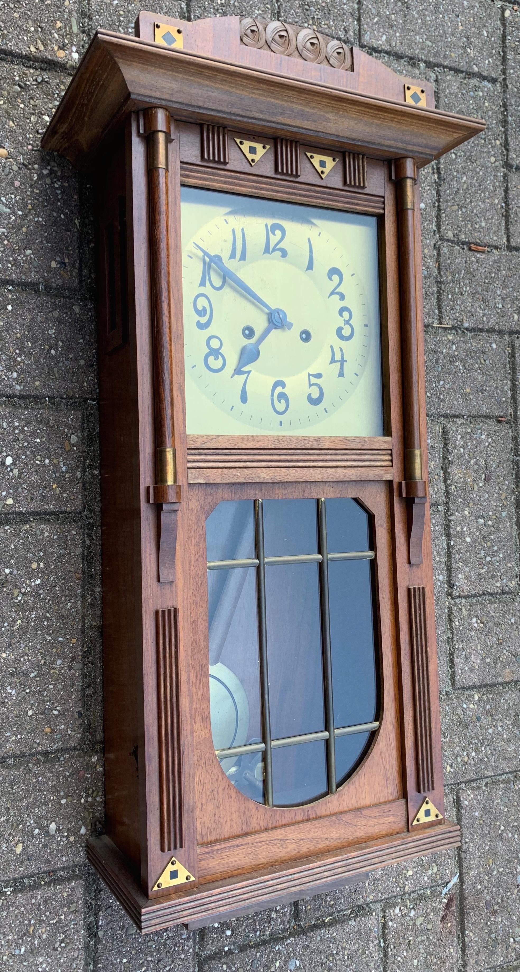 20th Century Rare and Stylish Viennese Secession Geometrical Design Nutwood  Brass Wall Clock