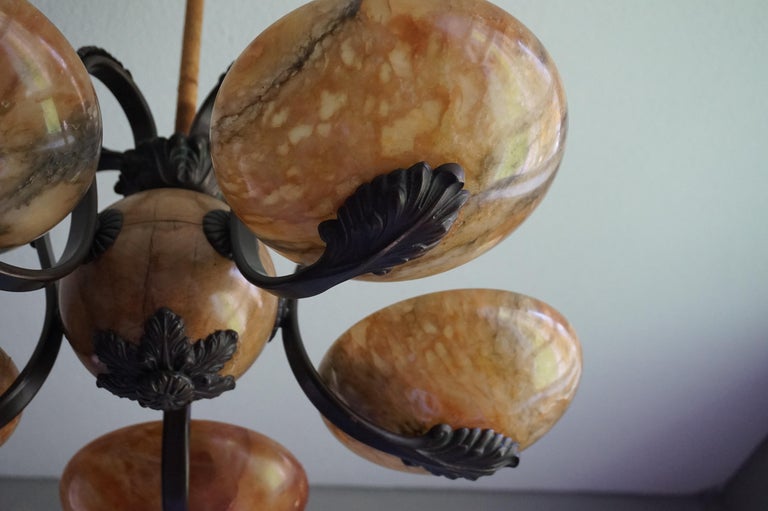 Rare and Stylish Bronze & Alabaster Arts and Crafts Chandelier/Light Fixture For Sale 4