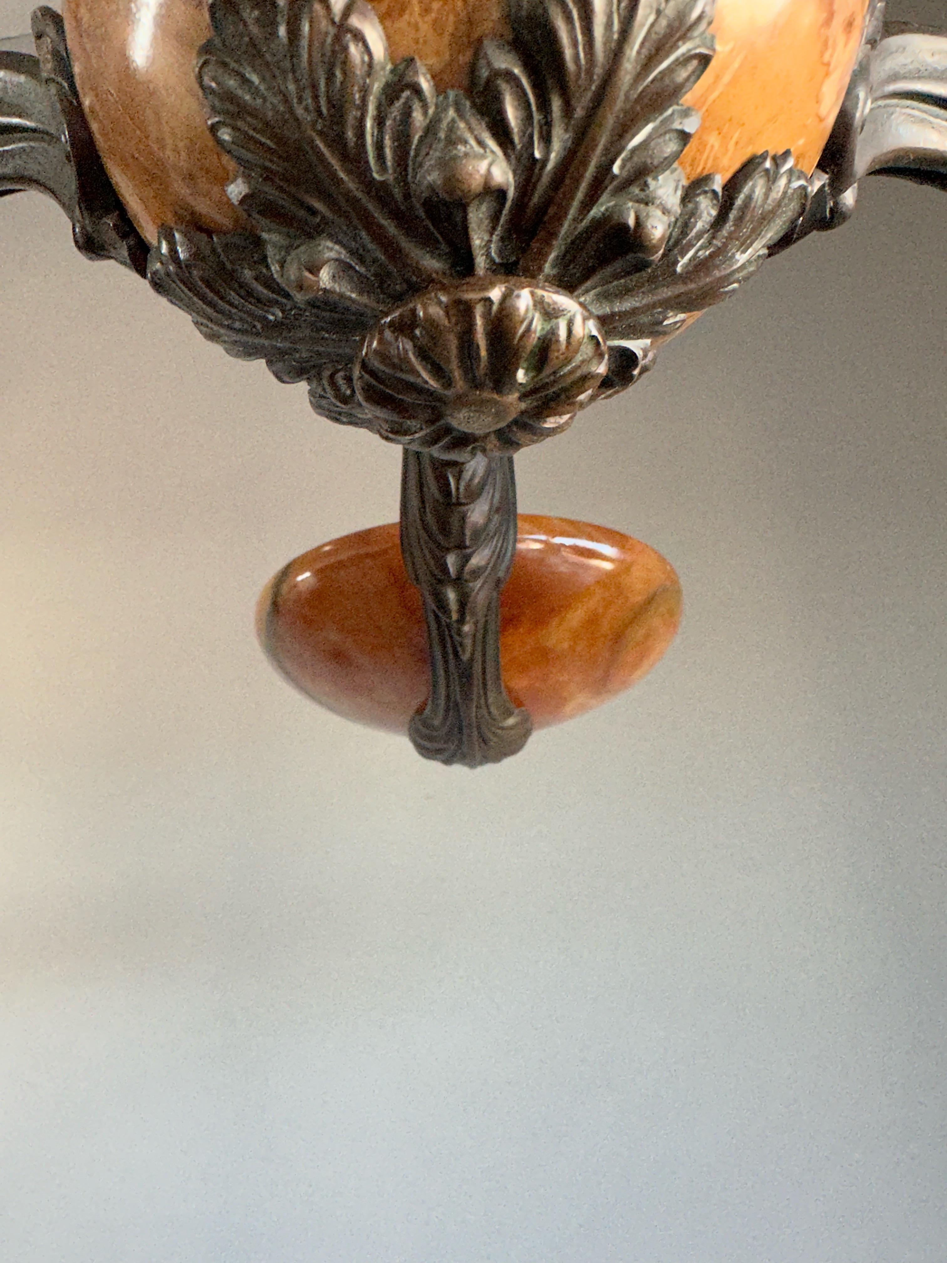 Rare and Stylish Bronze & Alabaster Arts and Crafts Chandelier / Light Fixture For Sale 6