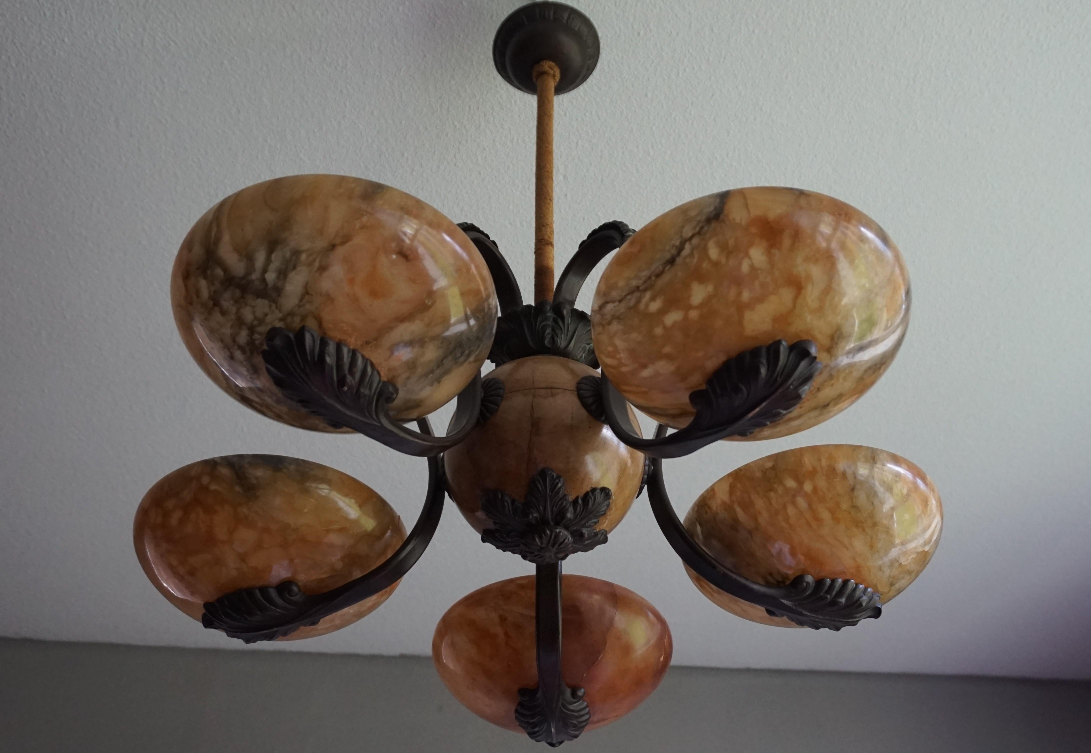 Rare and Stylish Bronze & Alabaster Arts and Crafts Chandelier/Light Fixture 6