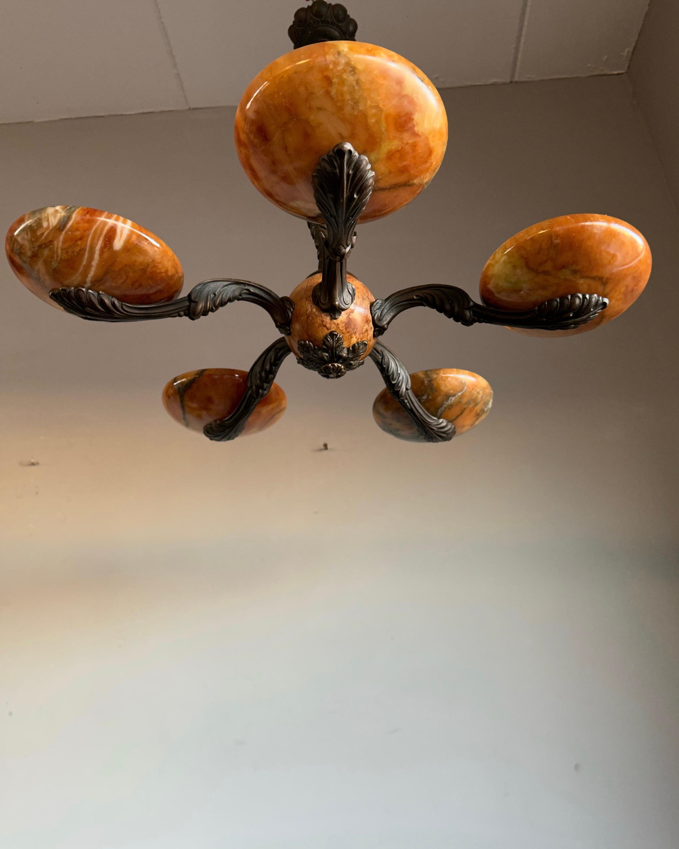 Rare and Stylish Bronze & Alabaster Arts and Crafts Chandelier / Light Fixture For Sale 8