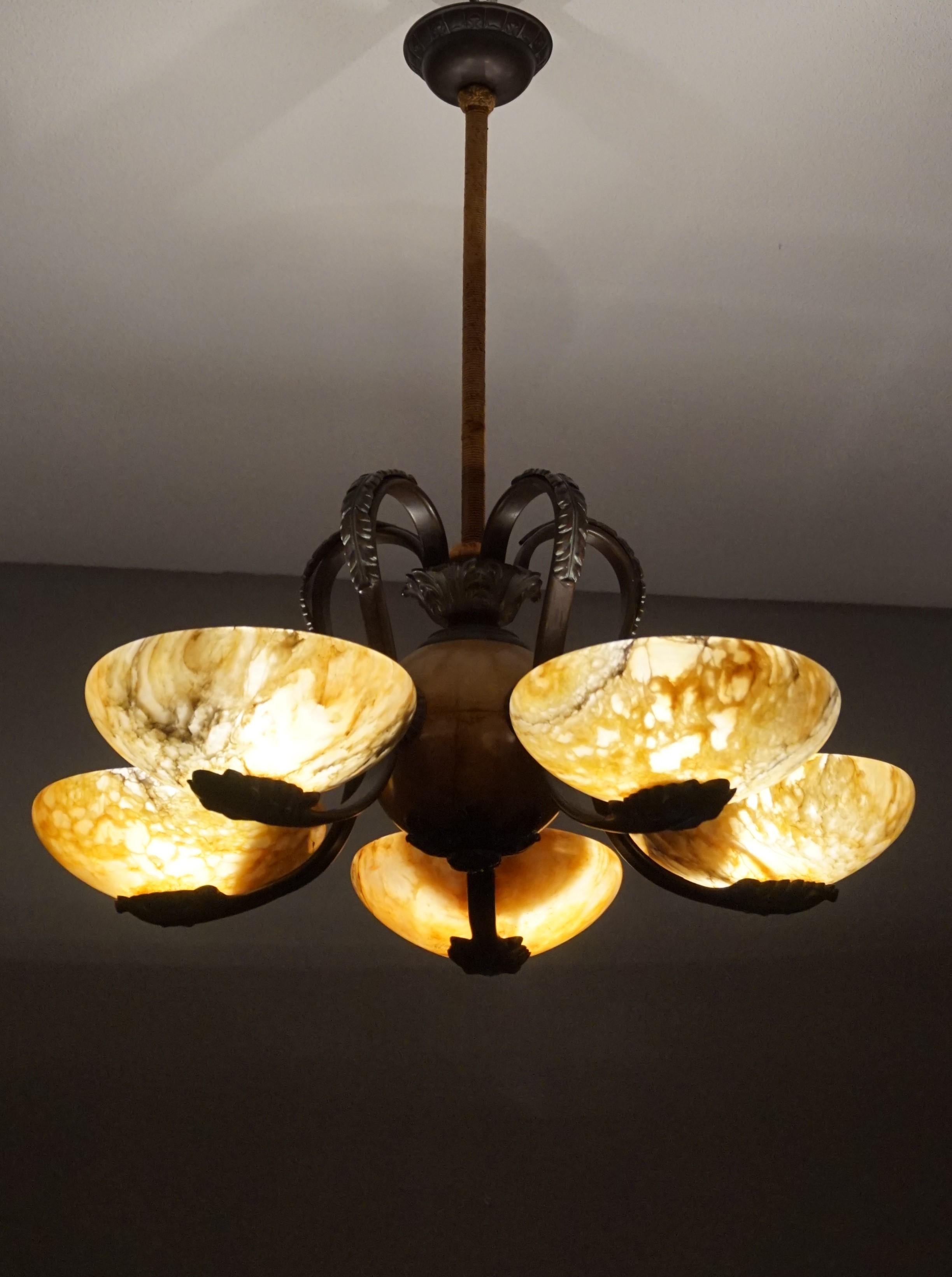 Rare and Stylish Bronze & Alabaster Arts and Crafts Chandelier/Light Fixture 8