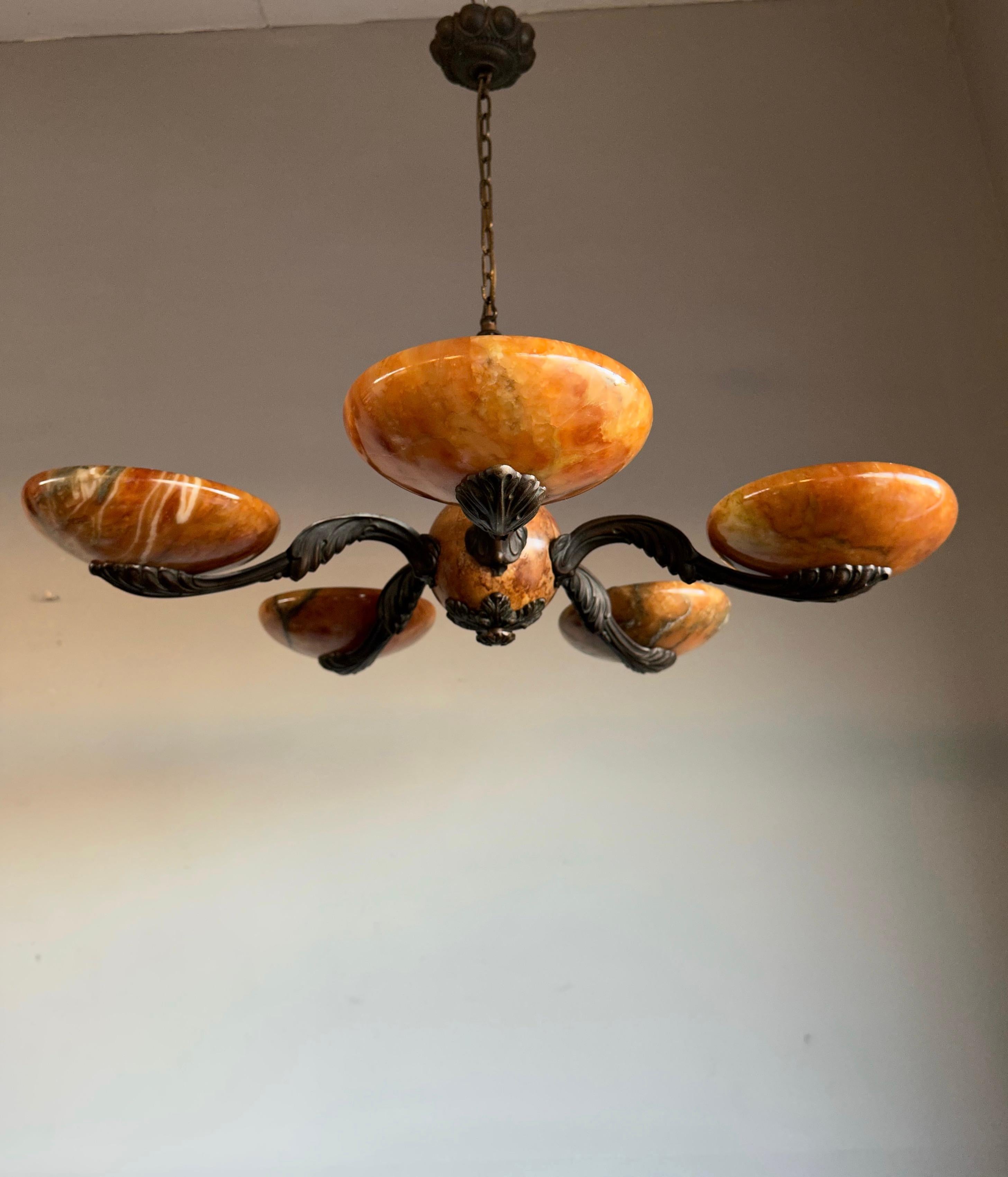 Rare and Stylish Bronze & Alabaster Arts and Crafts Chandelier / Light Fixture For Sale 9