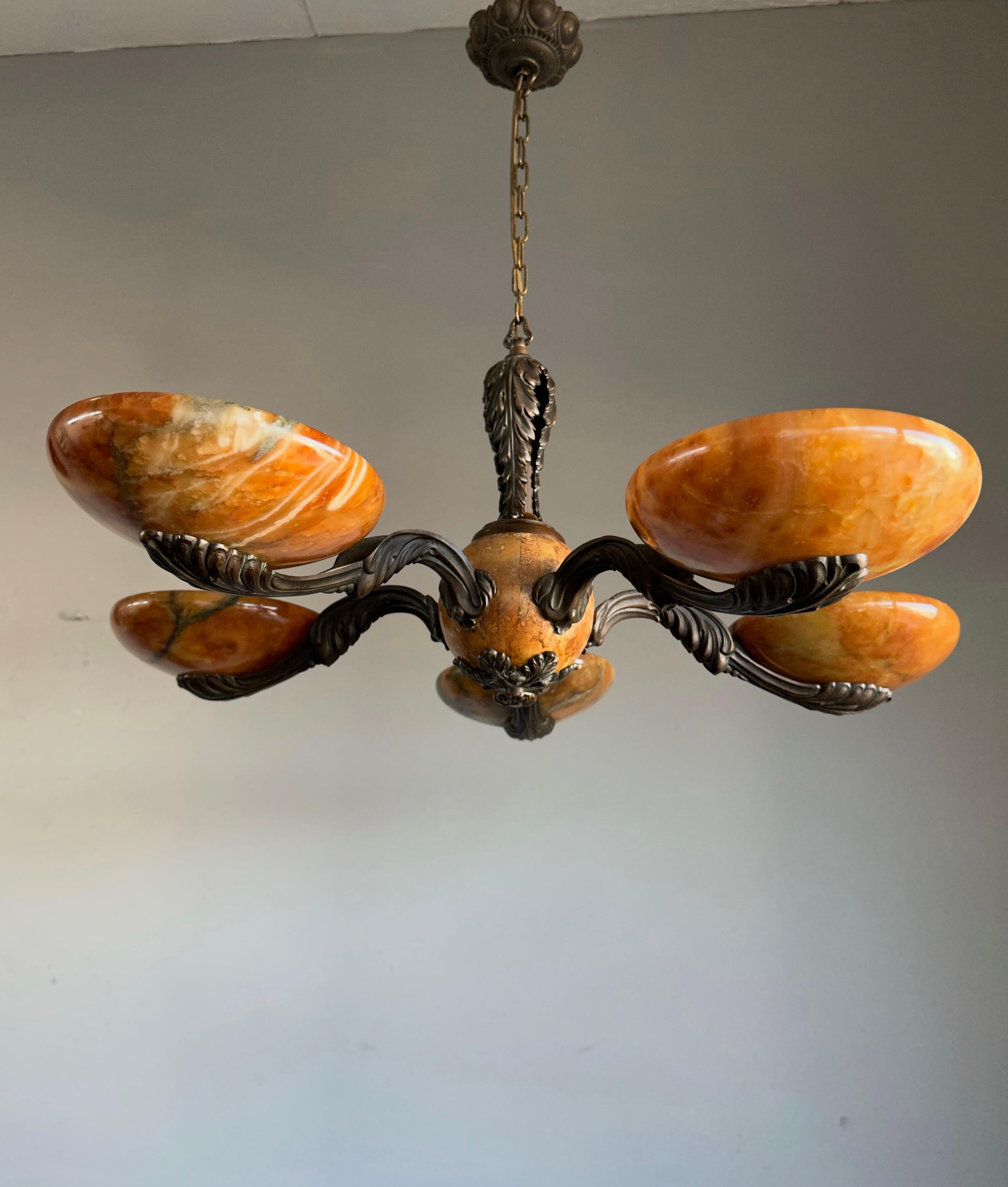 Rare and Stylish Bronze & Alabaster Arts and Crafts Chandelier / Light Fixture For Sale 11