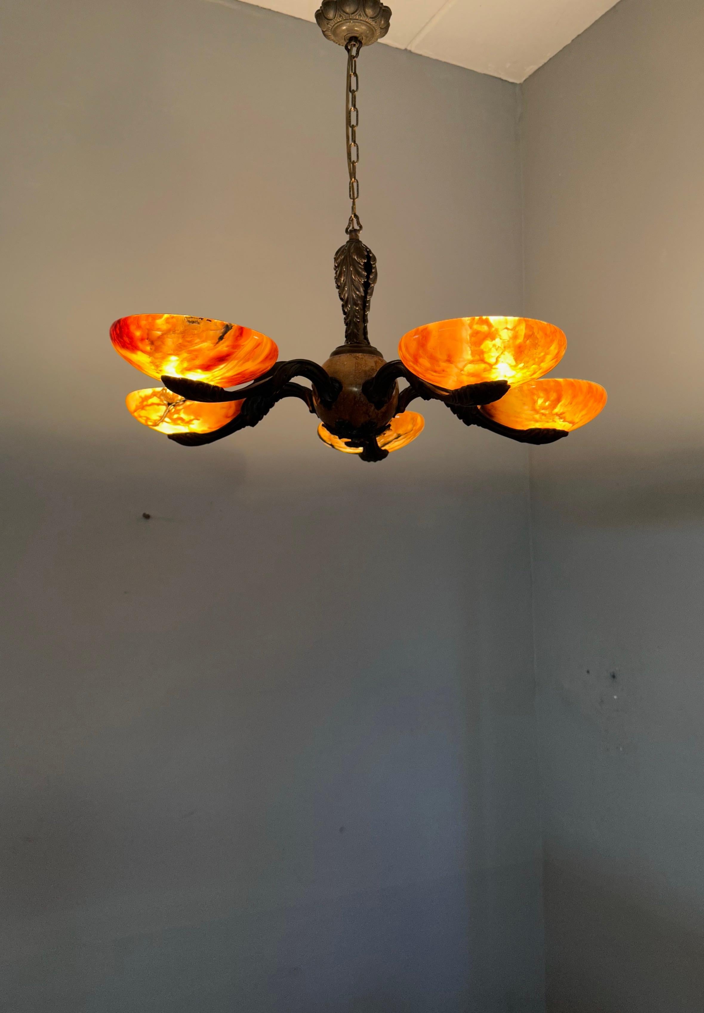 Rare and Stylish Bronze & Alabaster Arts and Crafts Chandelier / Light Fixture For Sale 12