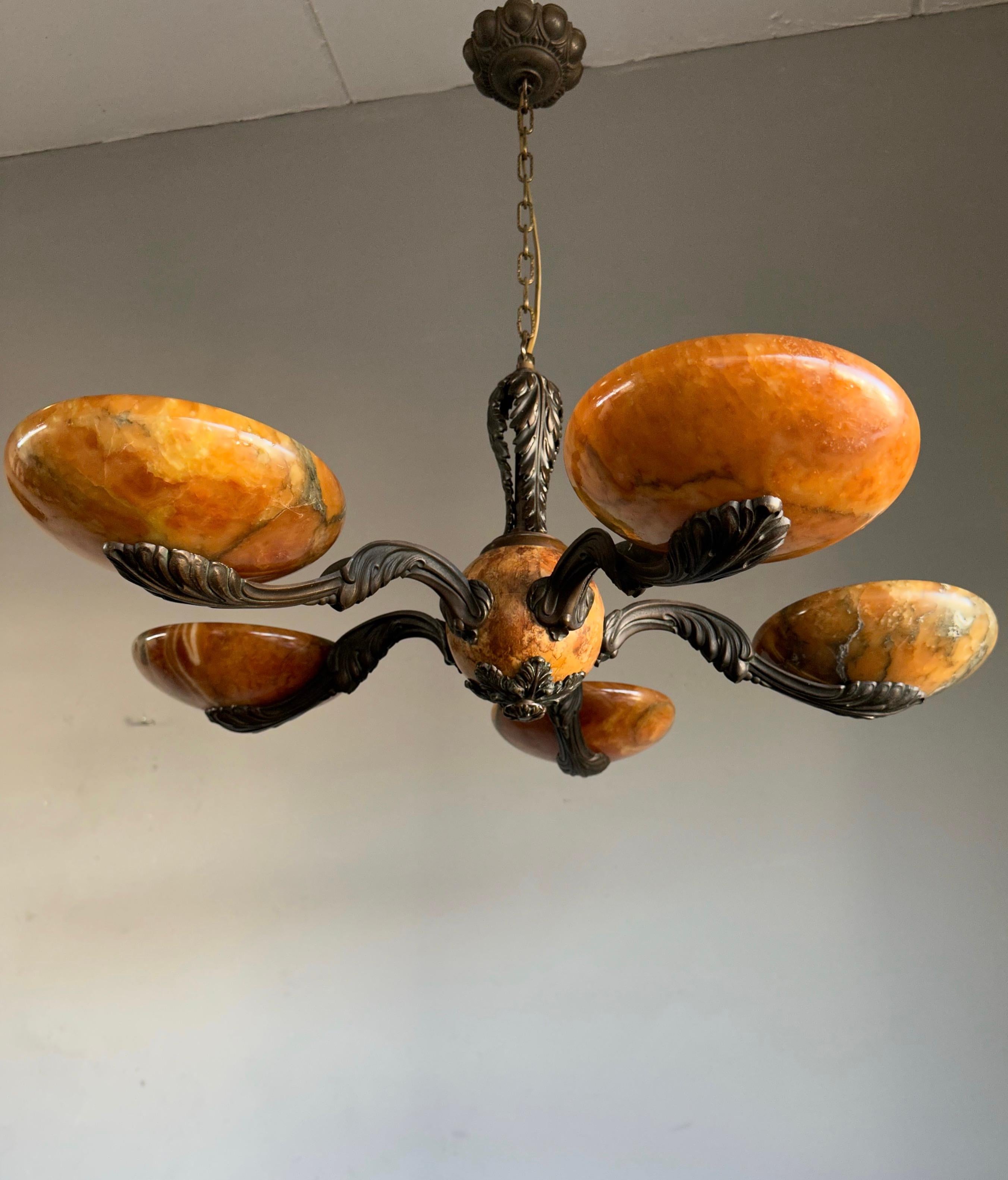 European Rare and Stylish Bronze & Alabaster Arts and Crafts Chandelier / Light Fixture For Sale