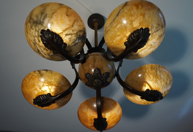 Hand-Carved Rare and Stylish Bronze & Alabaster Arts and Crafts Chandelier/Light Fixture For Sale