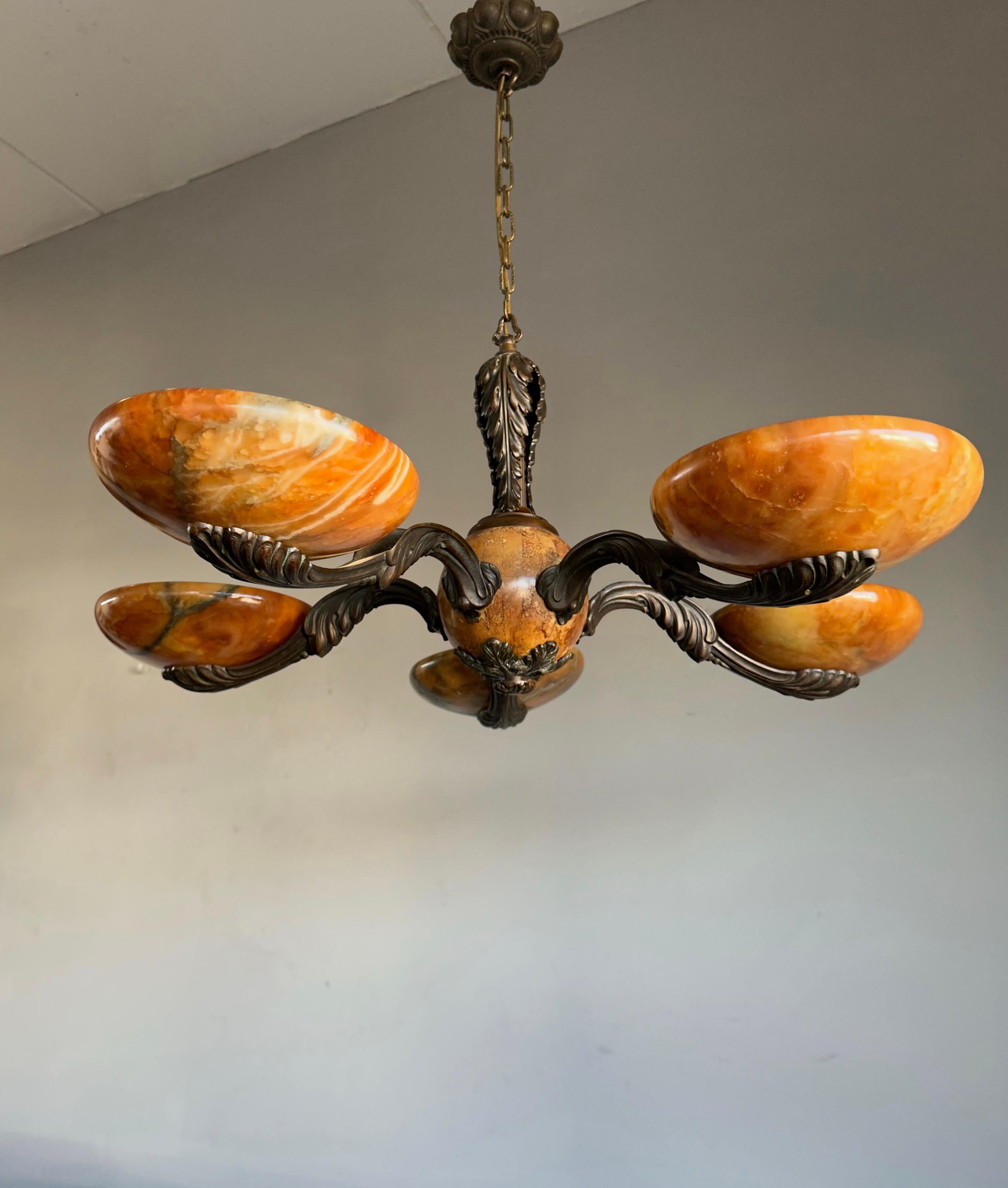 Hand-Carved Rare and Stylish Bronze & Alabaster Arts and Crafts Chandelier / Light Fixture For Sale
