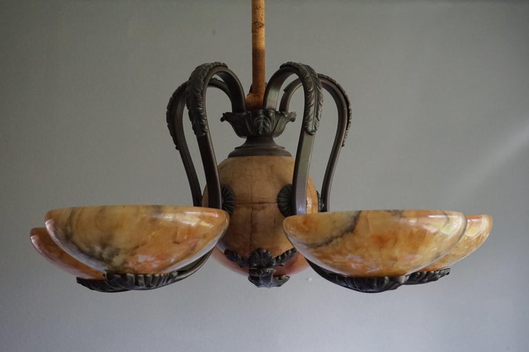 Rare and Stylish Bronze & Alabaster Arts and Crafts Chandelier/Light Fixture In Good Condition For Sale In Lisse, NL