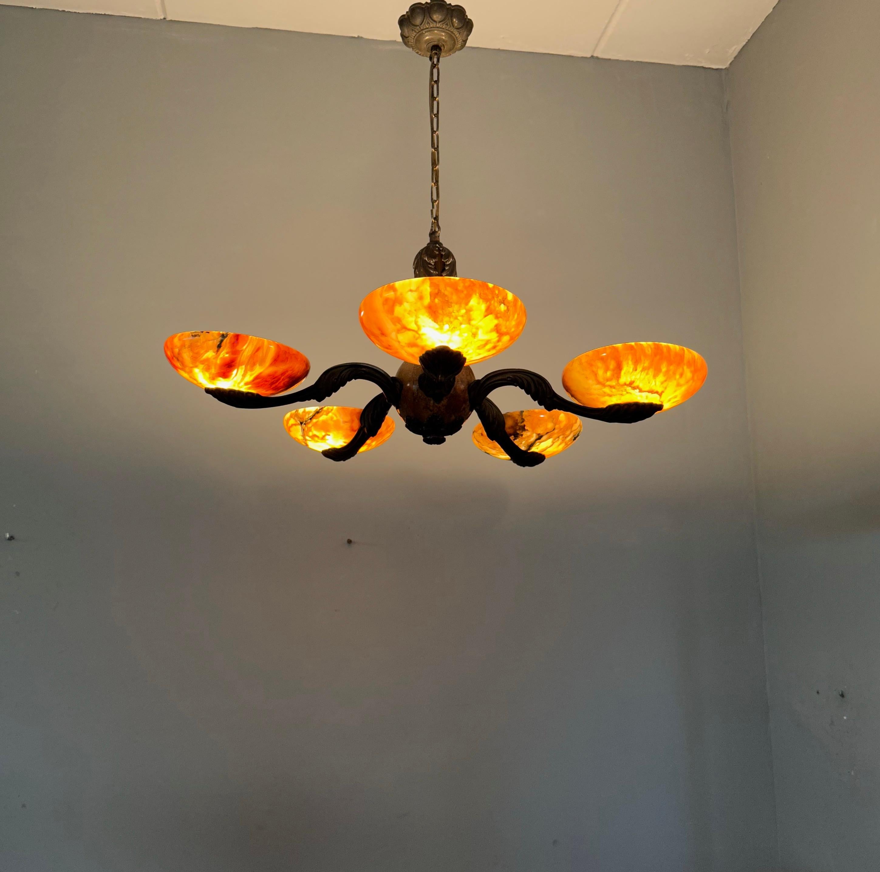 Rare and Stylish Bronze & Alabaster Arts and Crafts Chandelier / Light Fixture In Good Condition For Sale In Lisse, NL