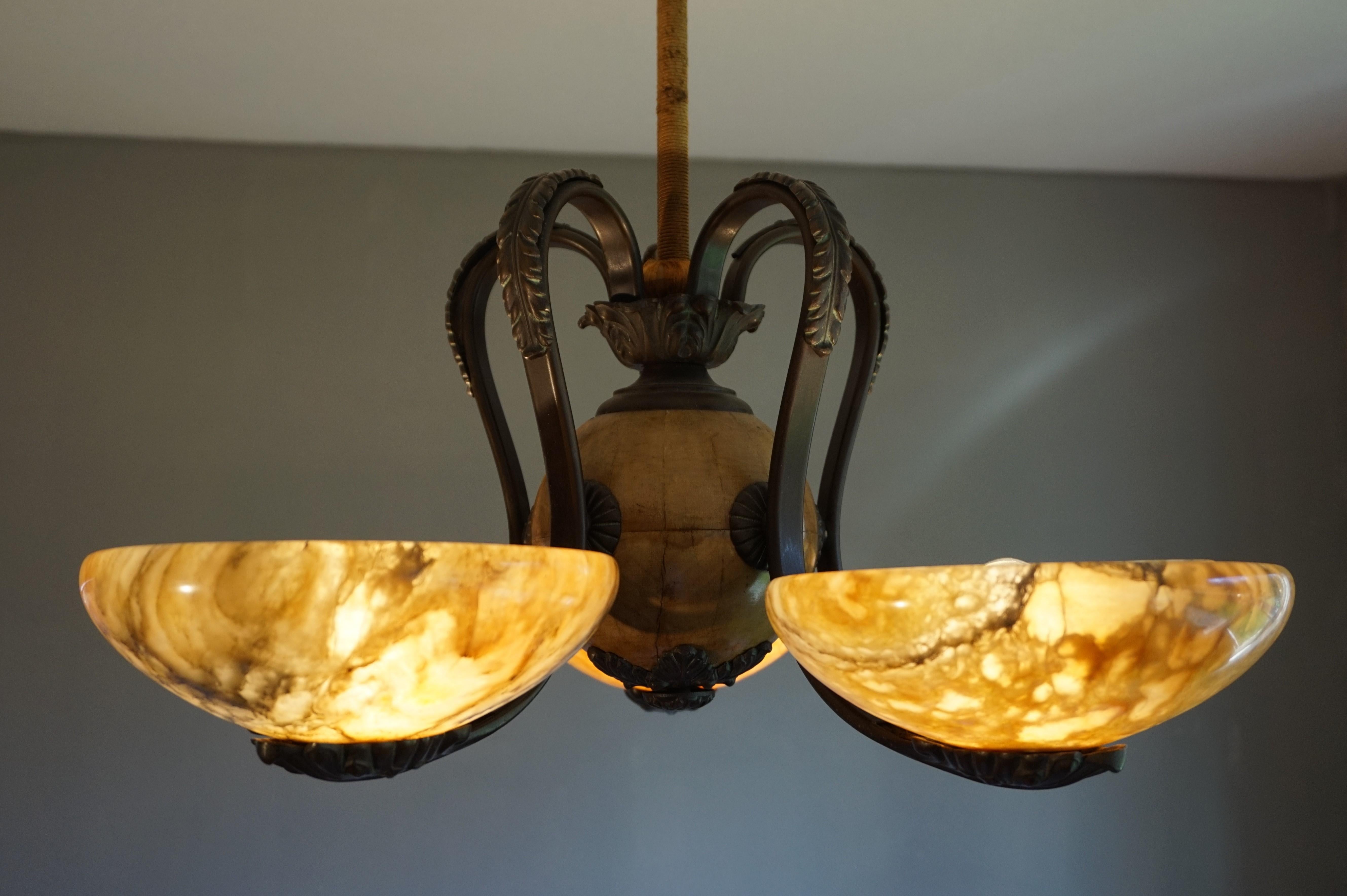 Hand-Carved Rare and Stylish Bronze & Alabaster Arts and Crafts Chandelier/Light Fixture