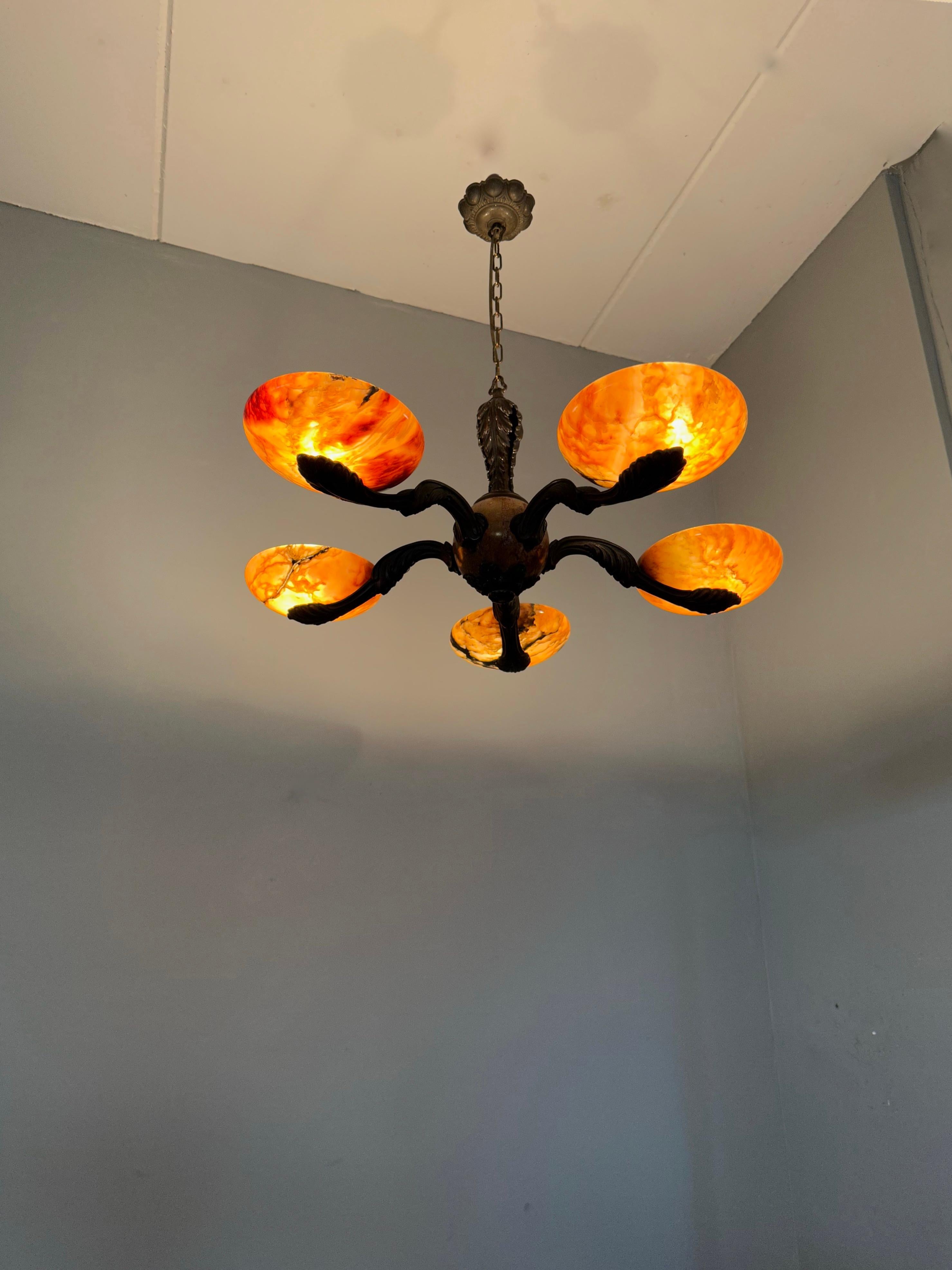 20th Century Rare and Stylish Bronze & Alabaster Arts and Crafts Chandelier / Light Fixture