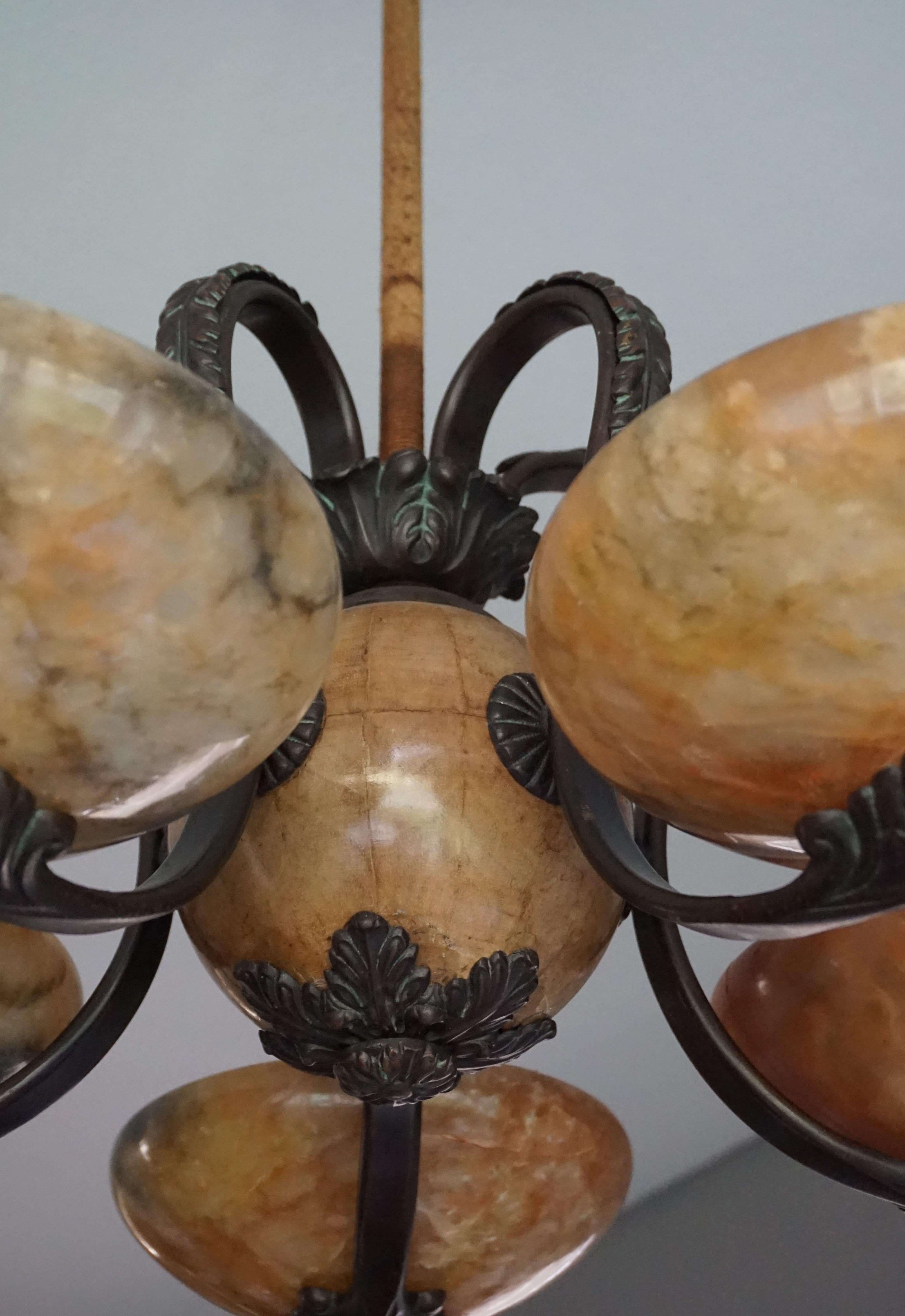 Rare and Stylish Bronze & Alabaster Arts and Crafts Chandelier/Light Fixture In Good Condition In Lisse, NL