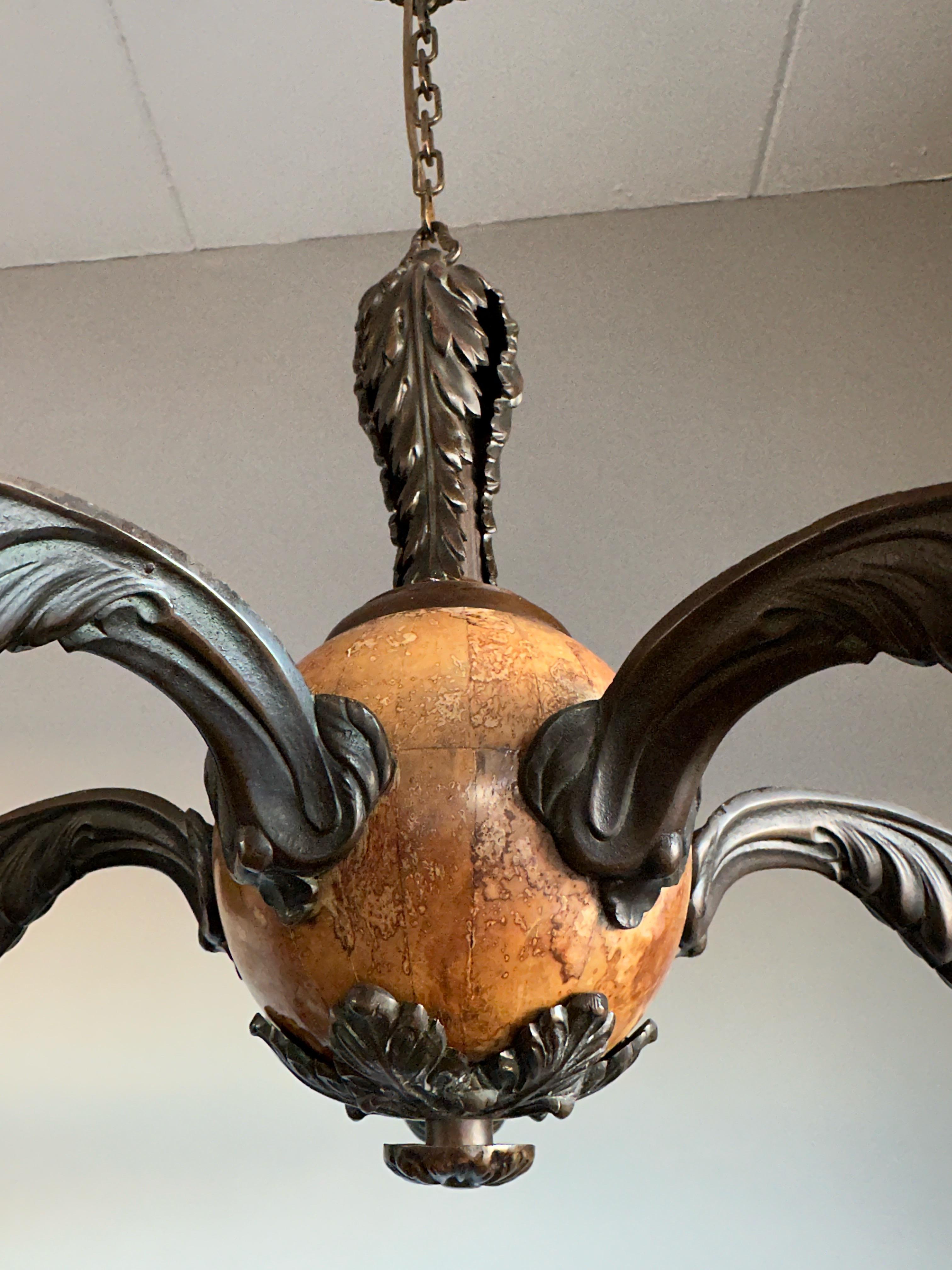 Metal Rare and Stylish Bronze & Alabaster Arts and Crafts Chandelier / Light Fixture For Sale