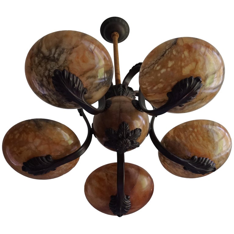 Rare and Stylish Bronze & Alabaster Arts and Crafts Chandelier/Light Fixture For Sale