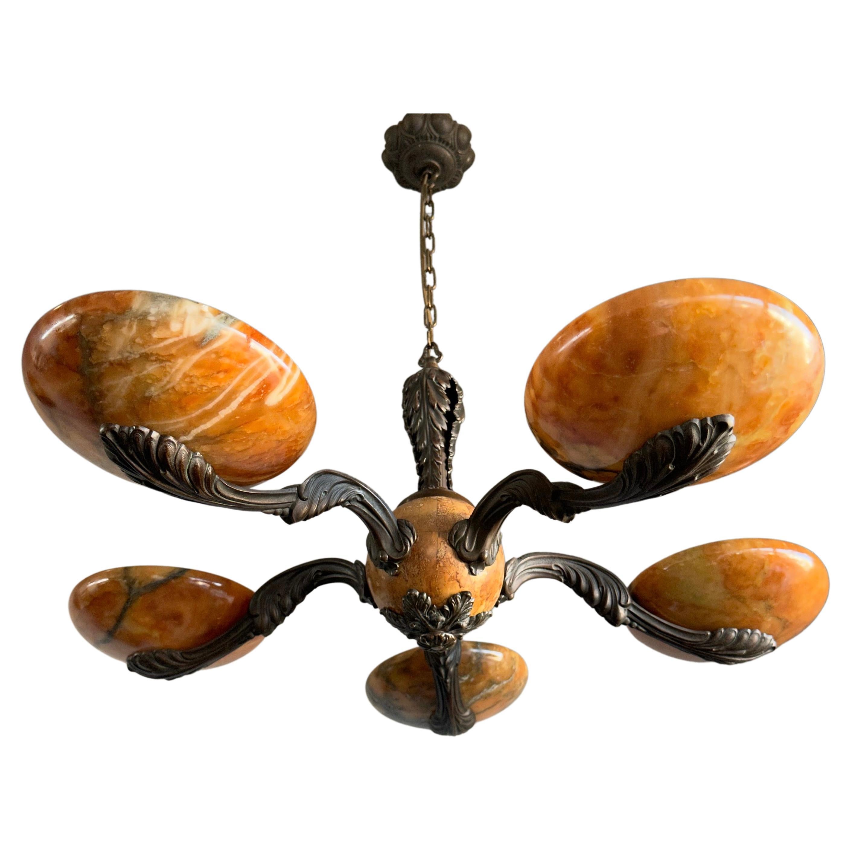 Rare and Stylish Bronze & Alabaster Arts and Crafts Chandelier / Light Fixture For Sale
