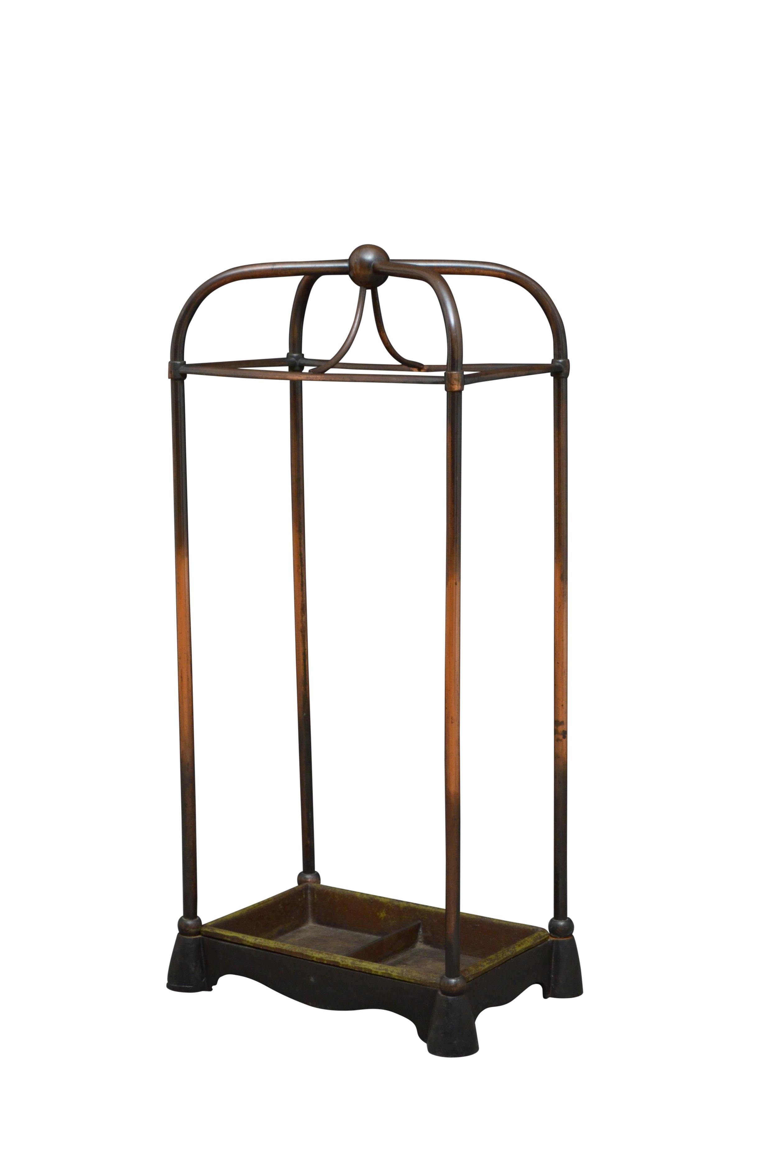 K0496 Stylish Victorian brass, copper plated umbrella stand by William Tonks and Sons, all in excelled original condition retaining its patina and removable cast iron drip tray. Stamped W. T & S. c1880
Please view our extensive selection of umbrella