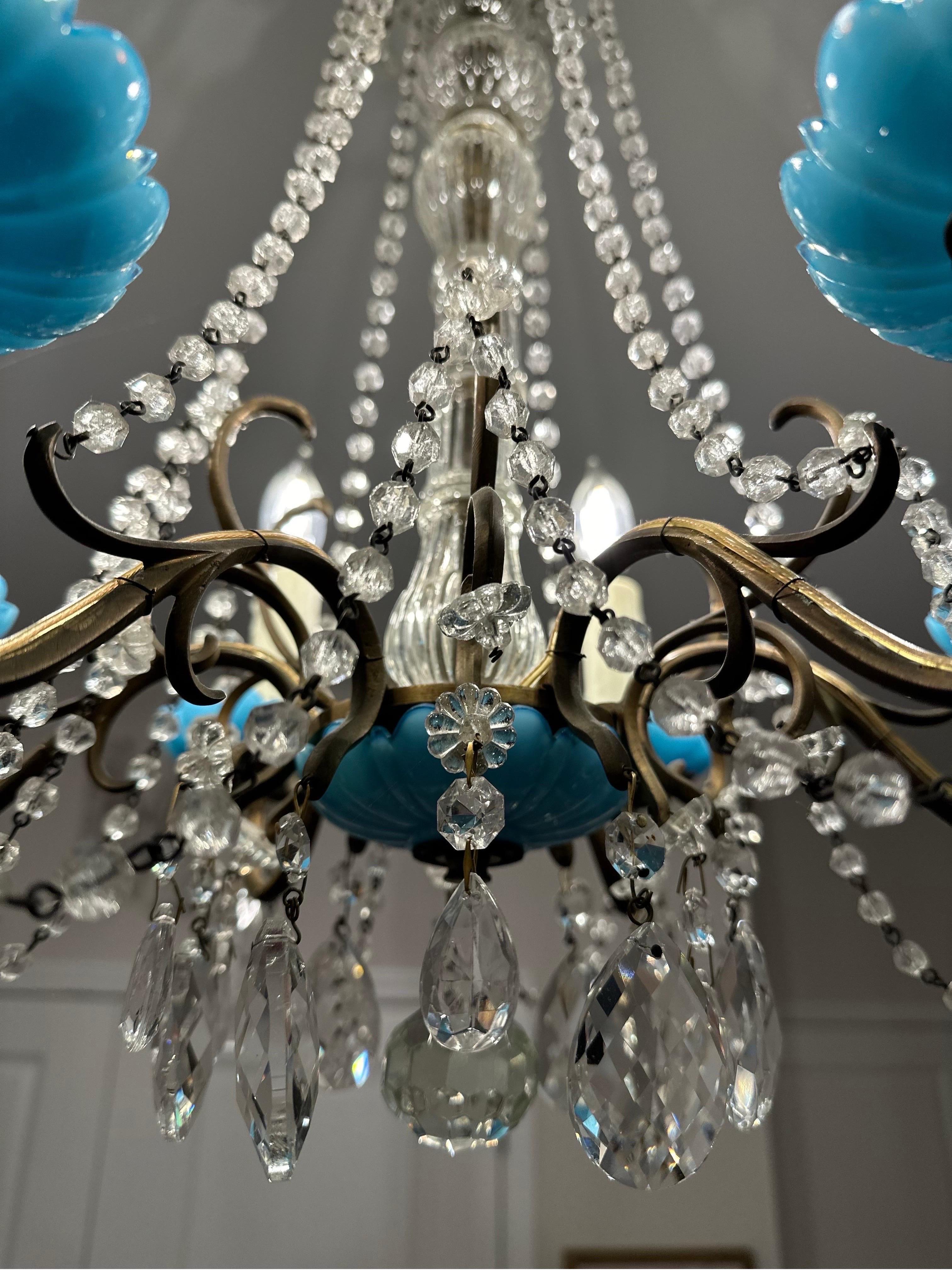 Brass Rare and unique 18th century French crystal chandelier with blue accent.  For Sale