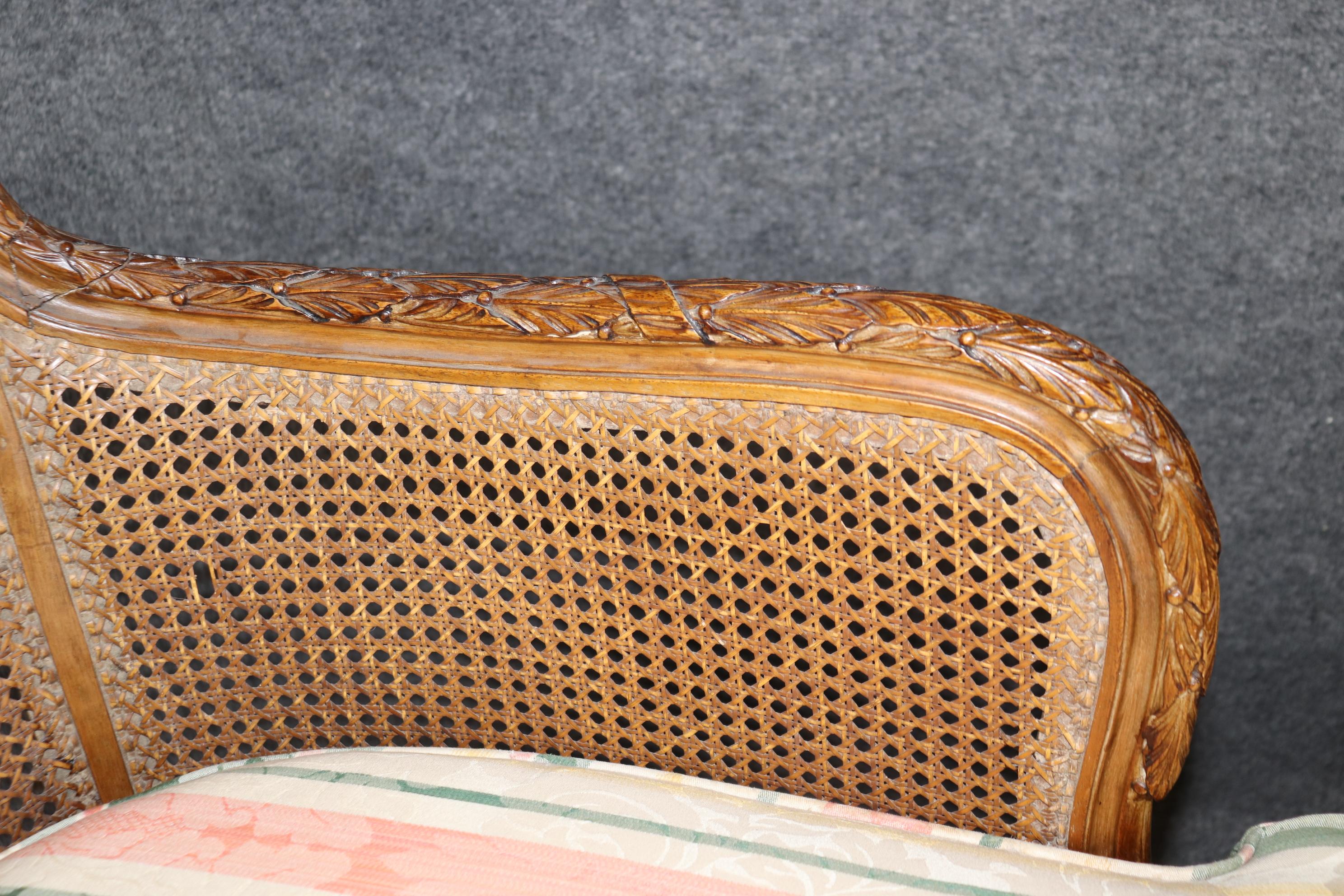 Rare and Unique Carved Walnut Damask Upholstered Caned French Louis XVI Daybed 6