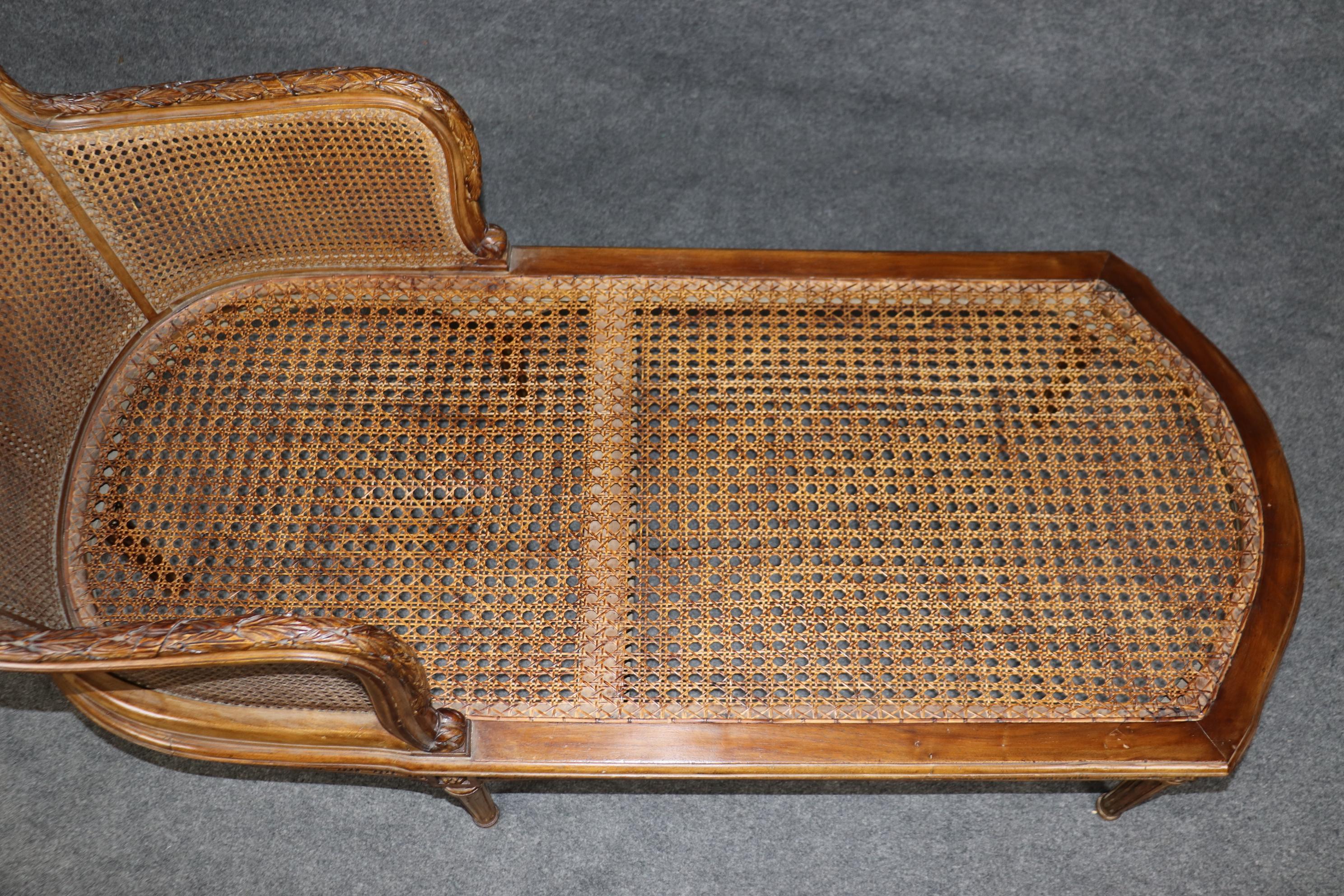 Rare and Unique Carved Walnut Damask Upholstered Caned French Louis XVI Daybed 11