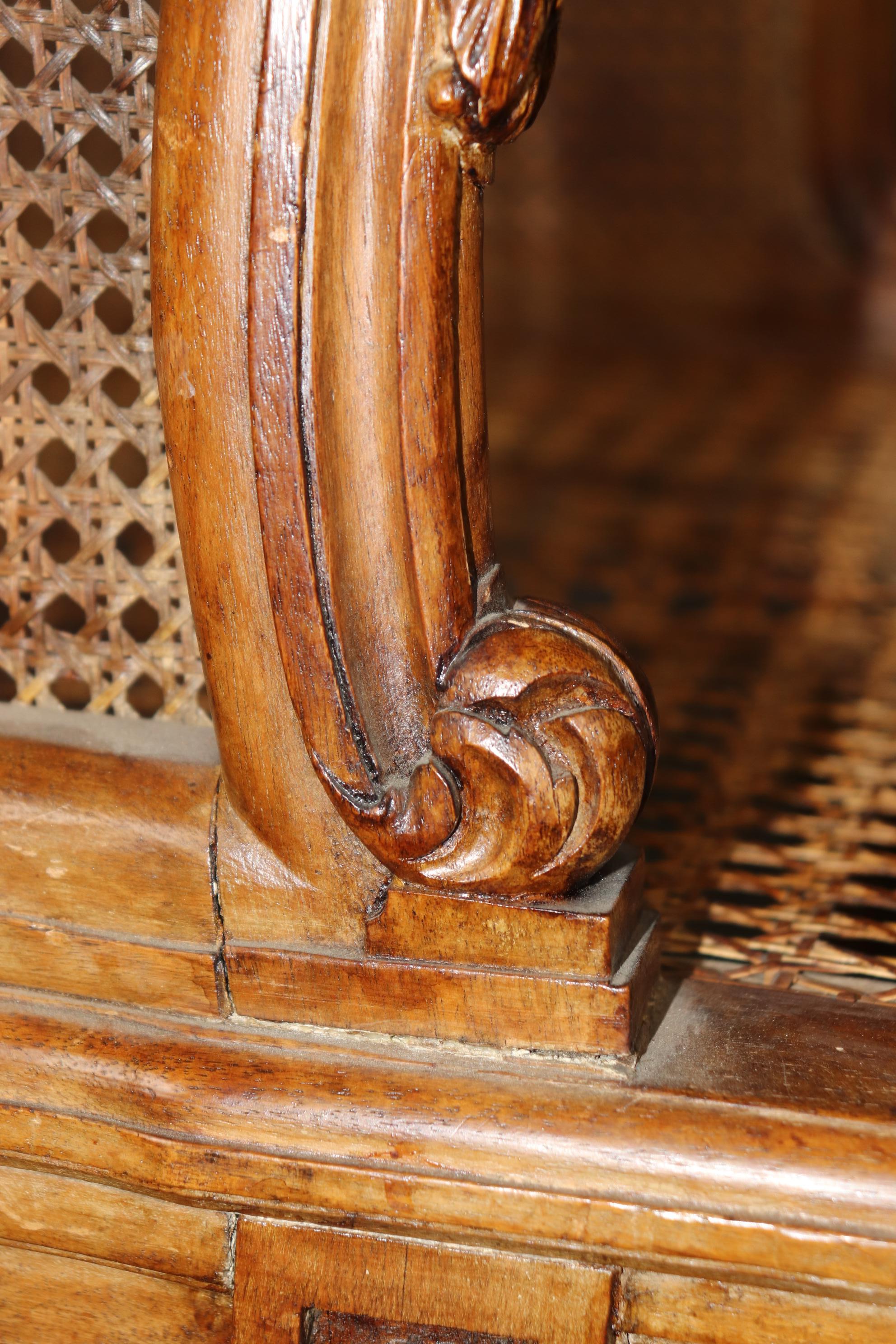 Rare and Unique Carved Walnut Damask Upholstered Caned French Louis XVI Daybed 13