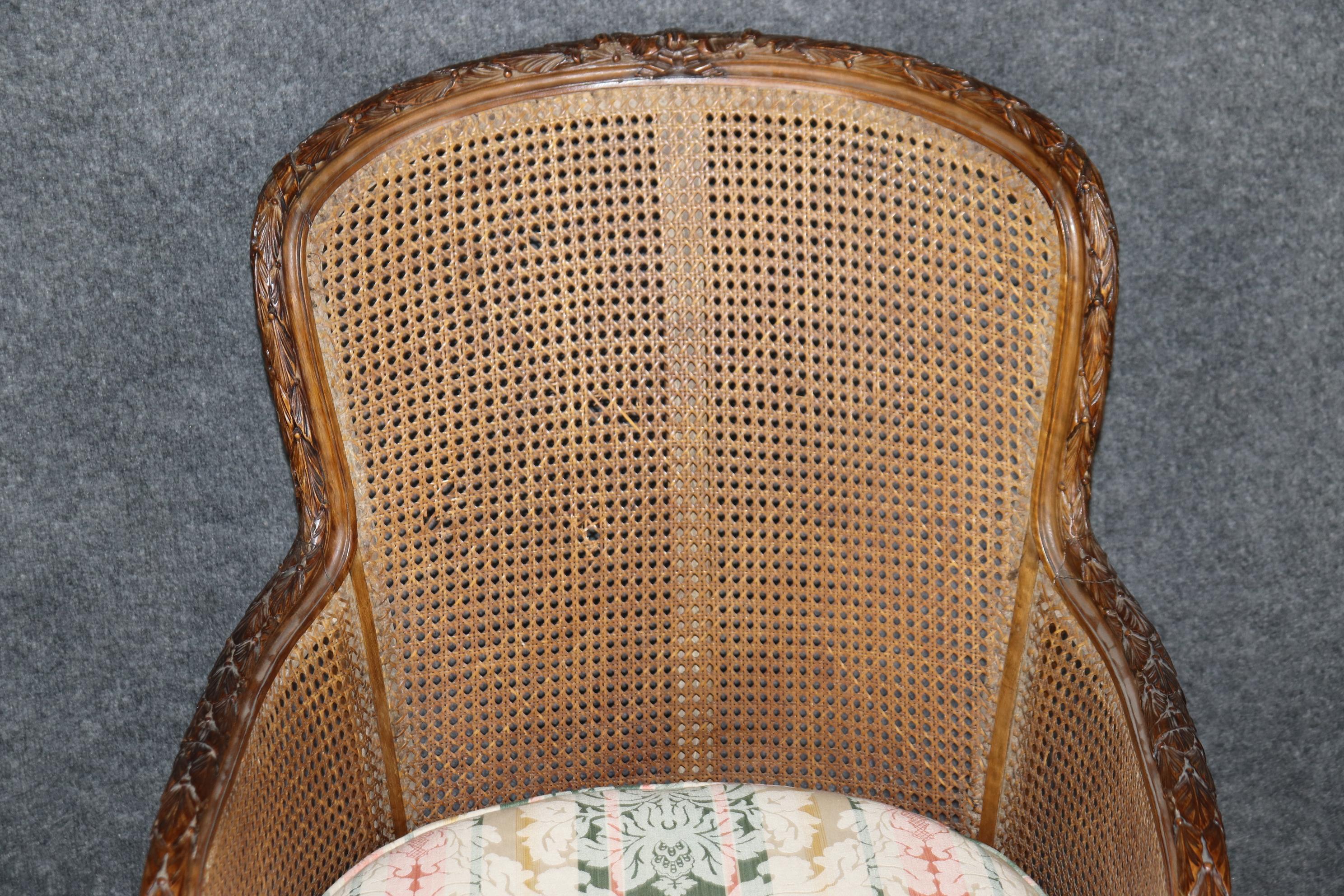 Rare and Unique Carved Walnut Damask Upholstered Caned French Louis XVI Daybed 3