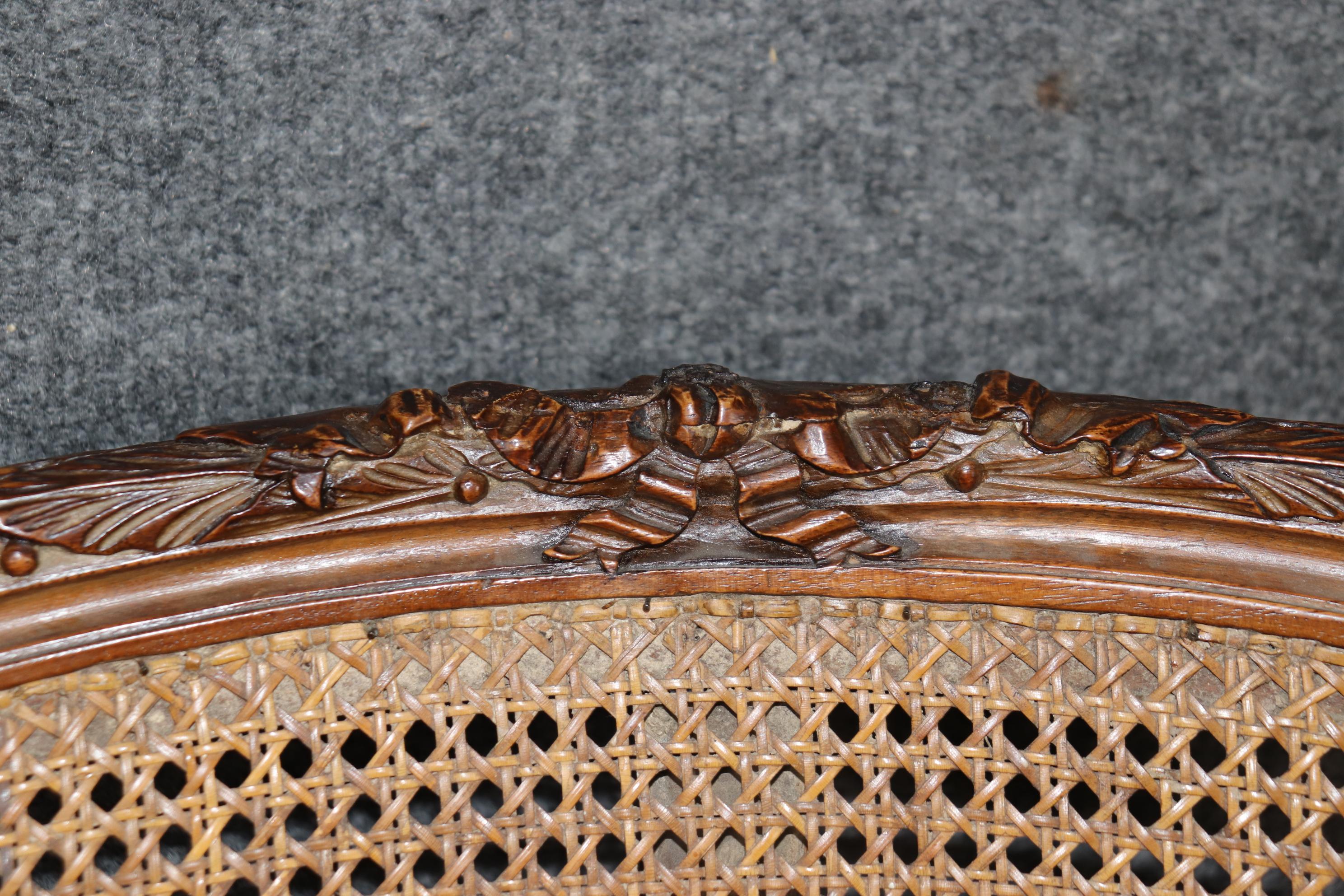 Rare and Unique Carved Walnut Damask Upholstered Caned French Louis XVI Daybed 4