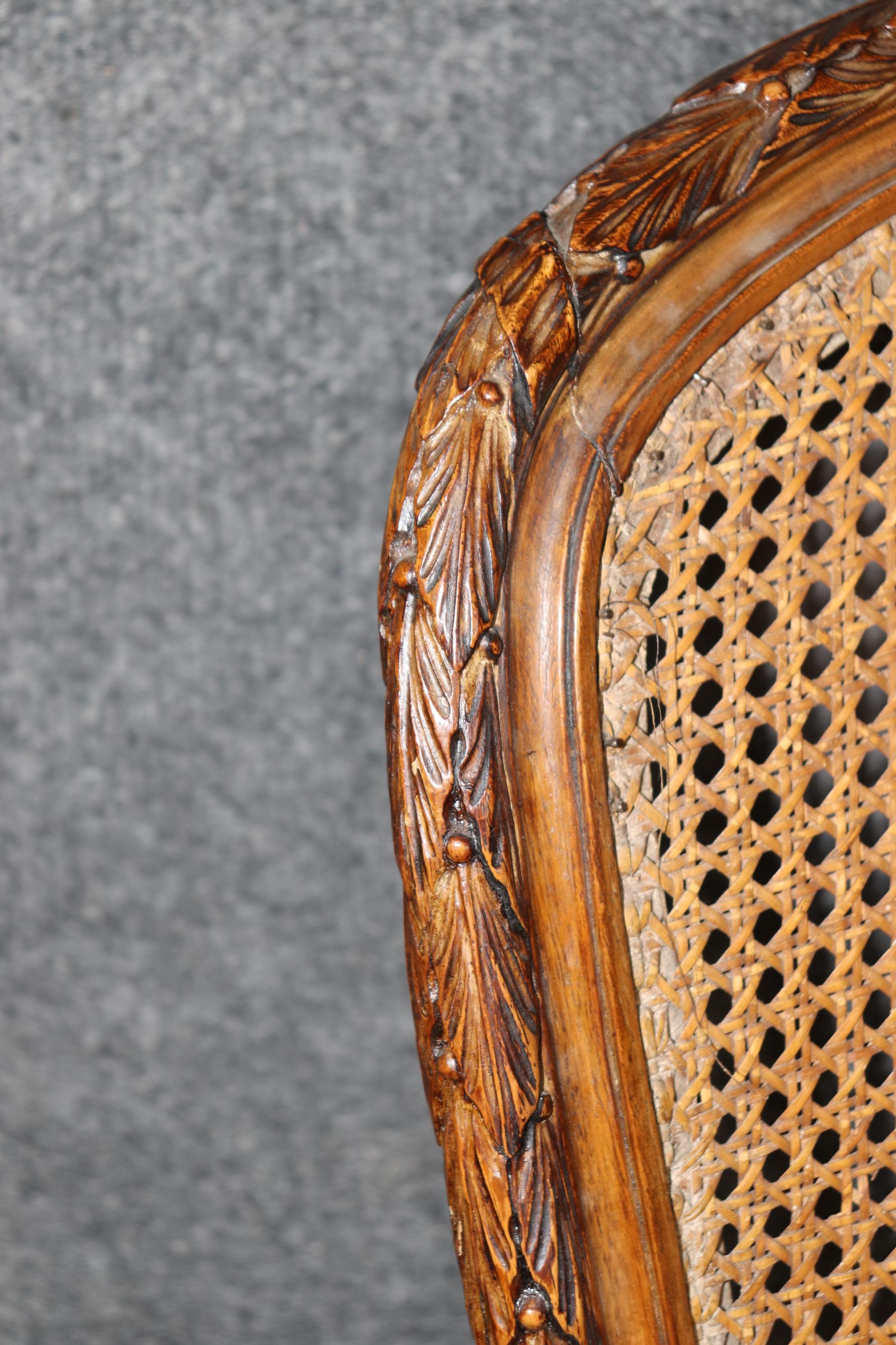 Rare and Unique Carved Walnut Damask Upholstered Caned French Louis XVI Daybed 5