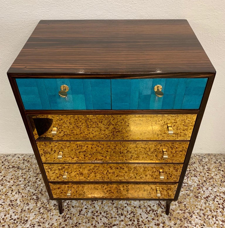 Rare and Unique Italian Midcentury Shagreen and Gold Mirror Dresser For Sale at 1stDibs