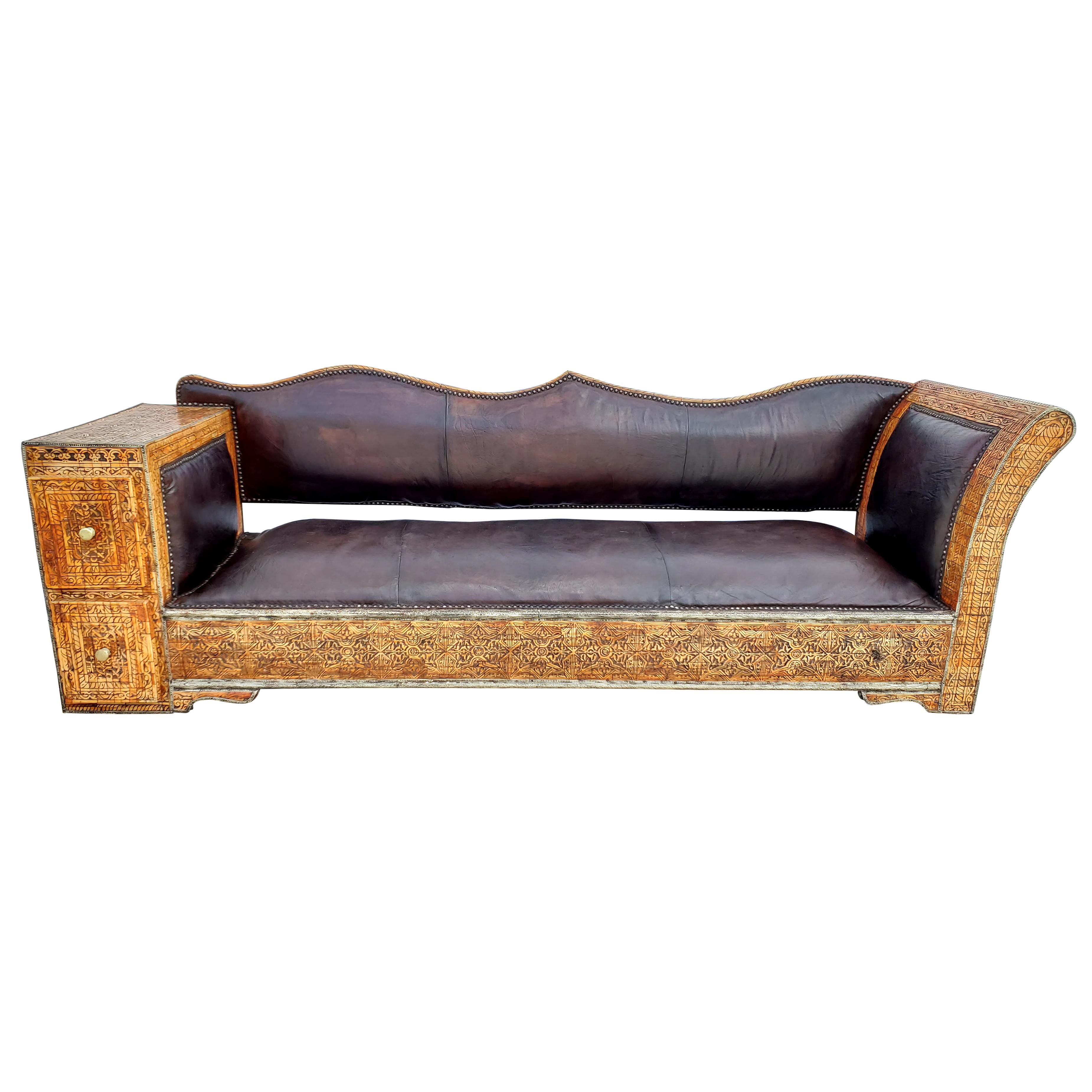 Rare and Unique Morocan Leather Sofa or Bench For Sale
