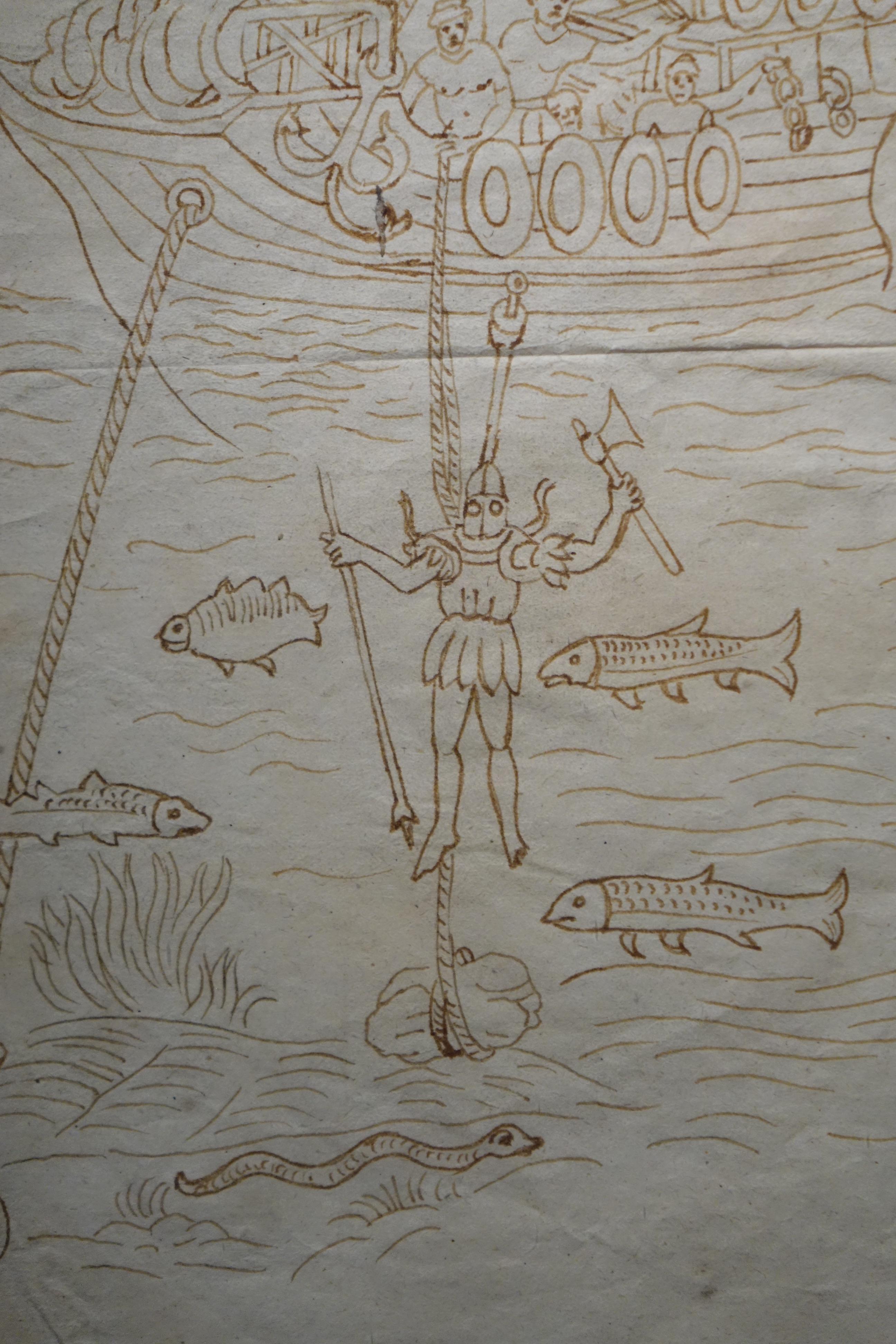 Renaissance Rare and Unusual 15th Century Sepia Color Wash Drawing of a Diver, Italy For Sale
