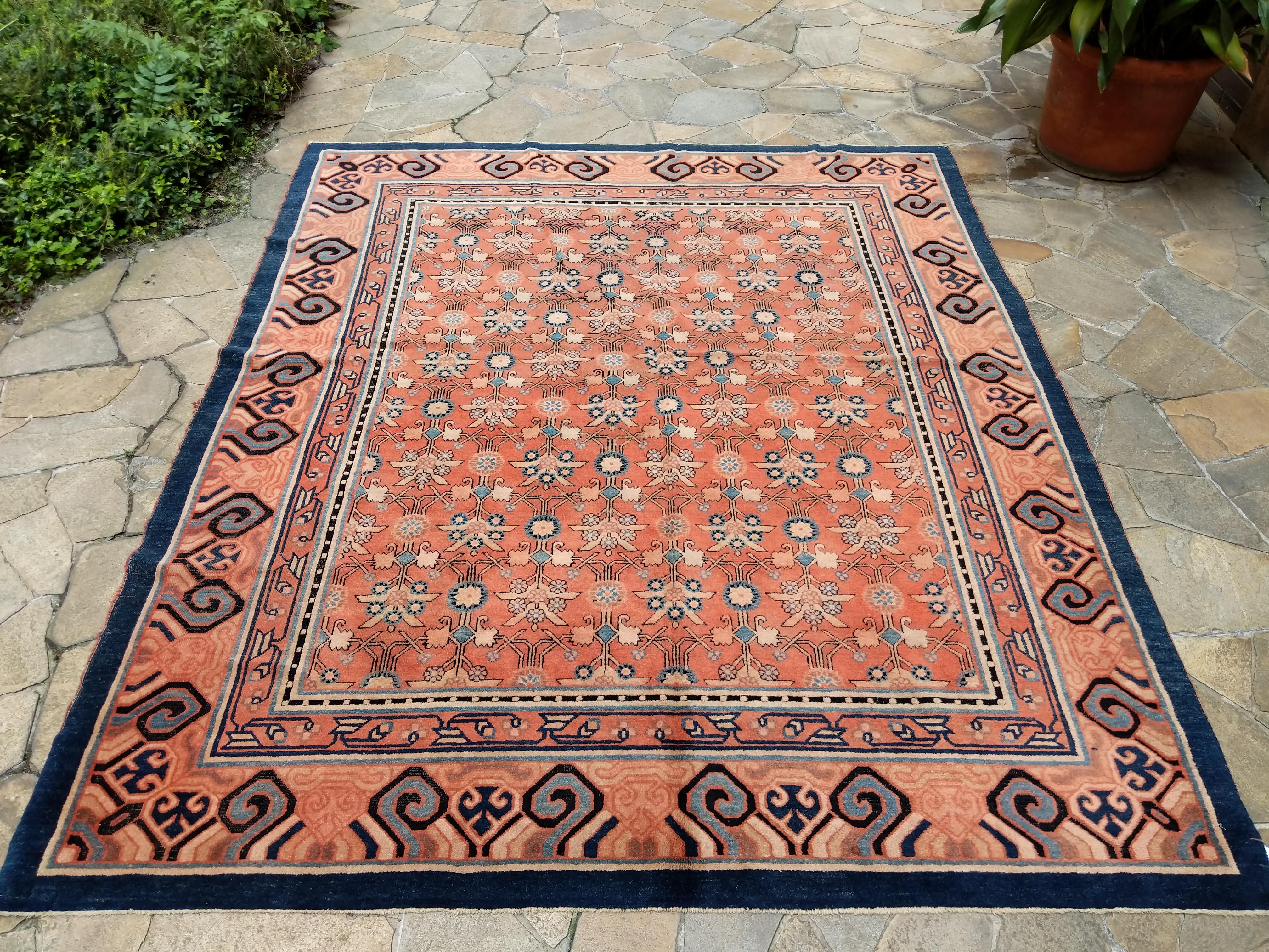 Hand-Knotted Rare and Unusual Antique Kashgar Rug with Mughal Pattern For Sale