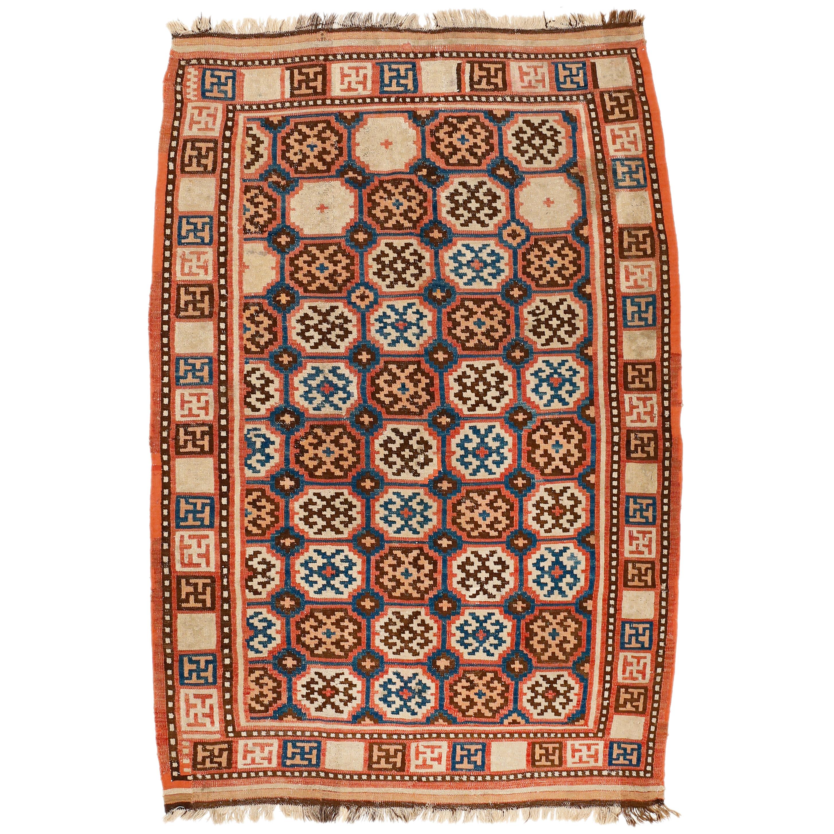 Wool Rare and Unusual Antique Khotan Kilim Rug For Sale