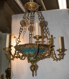 Rare and Unusual French Japonisme Champlevé Enamel Chandelier