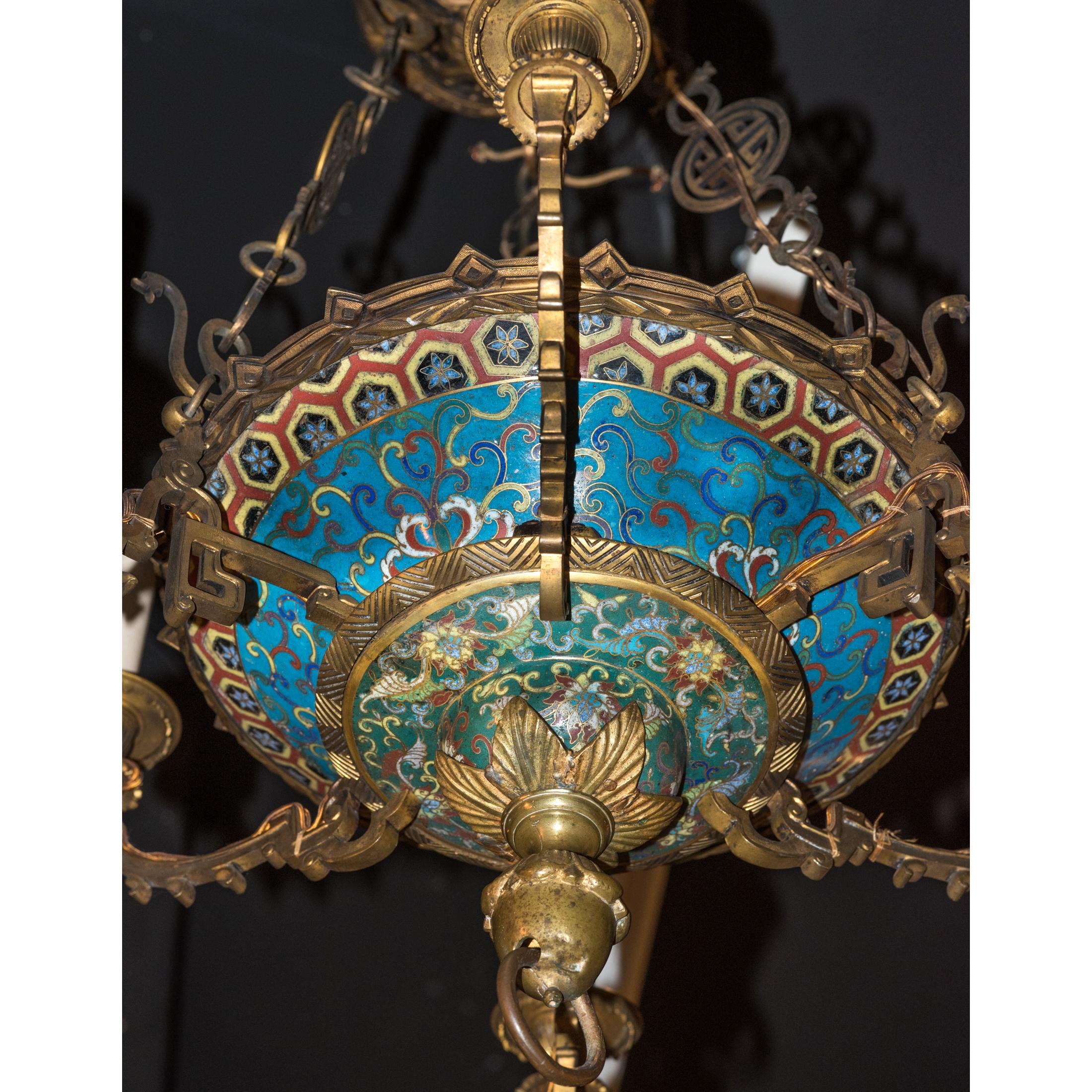 Rare and Unusual French Japonisme Champlevé Enamel Chandelier In Good Condition For Sale In New York, NY
