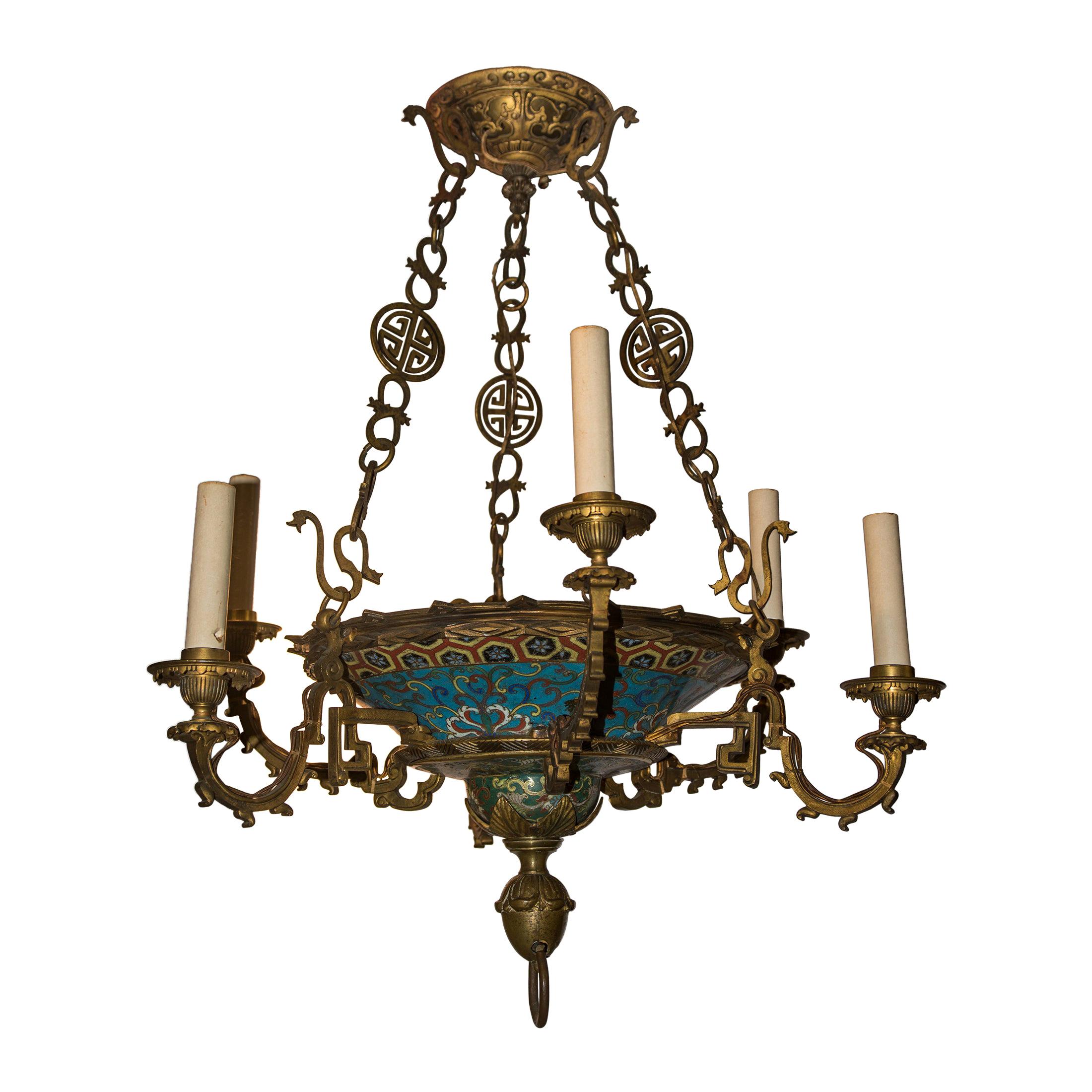 Rare and Unusual French Japonisme Champlevé Enamel Chandelier