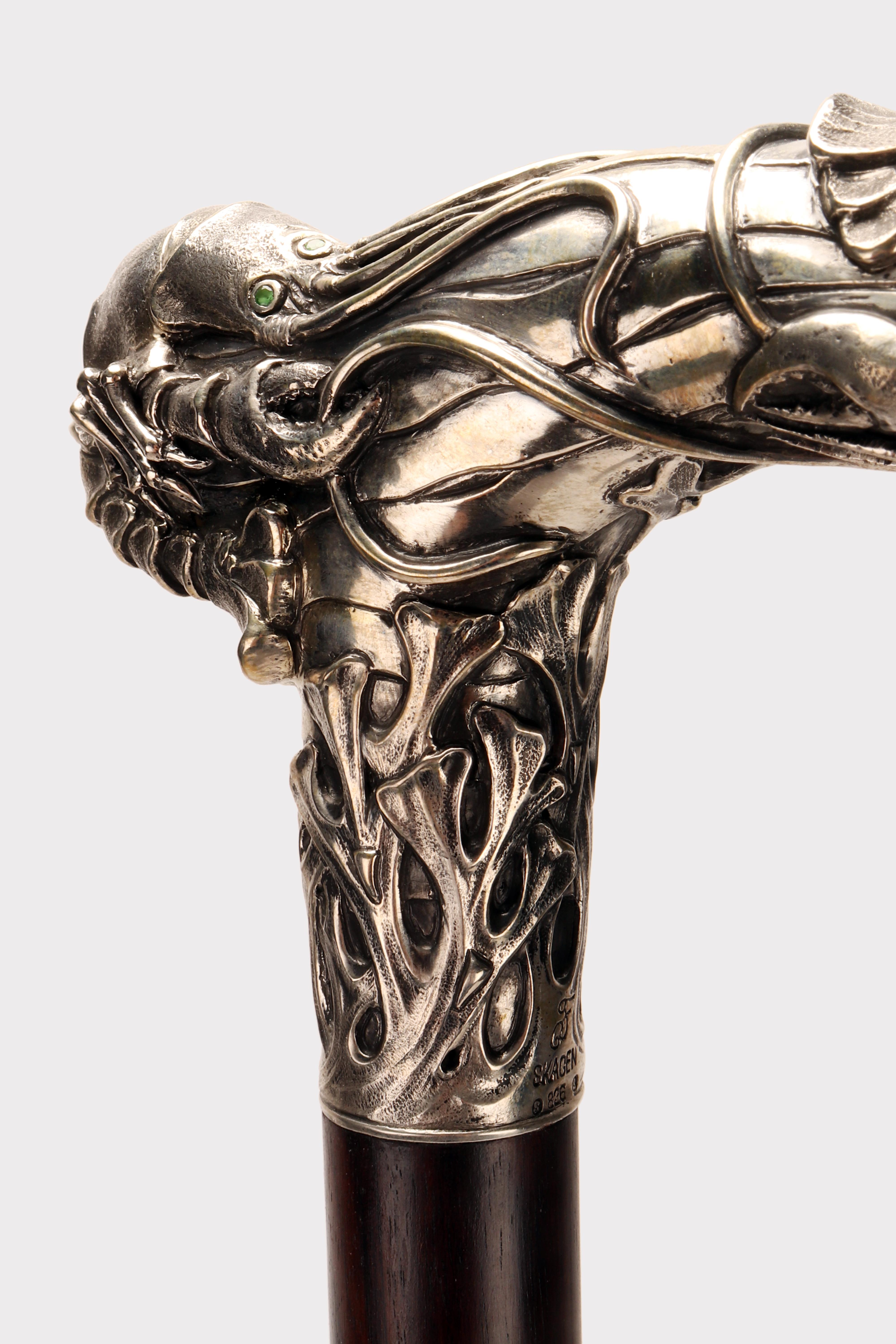 Silver Rare and Unusual Jewel Art Nouveau Walking Stick, Denmark, 1900