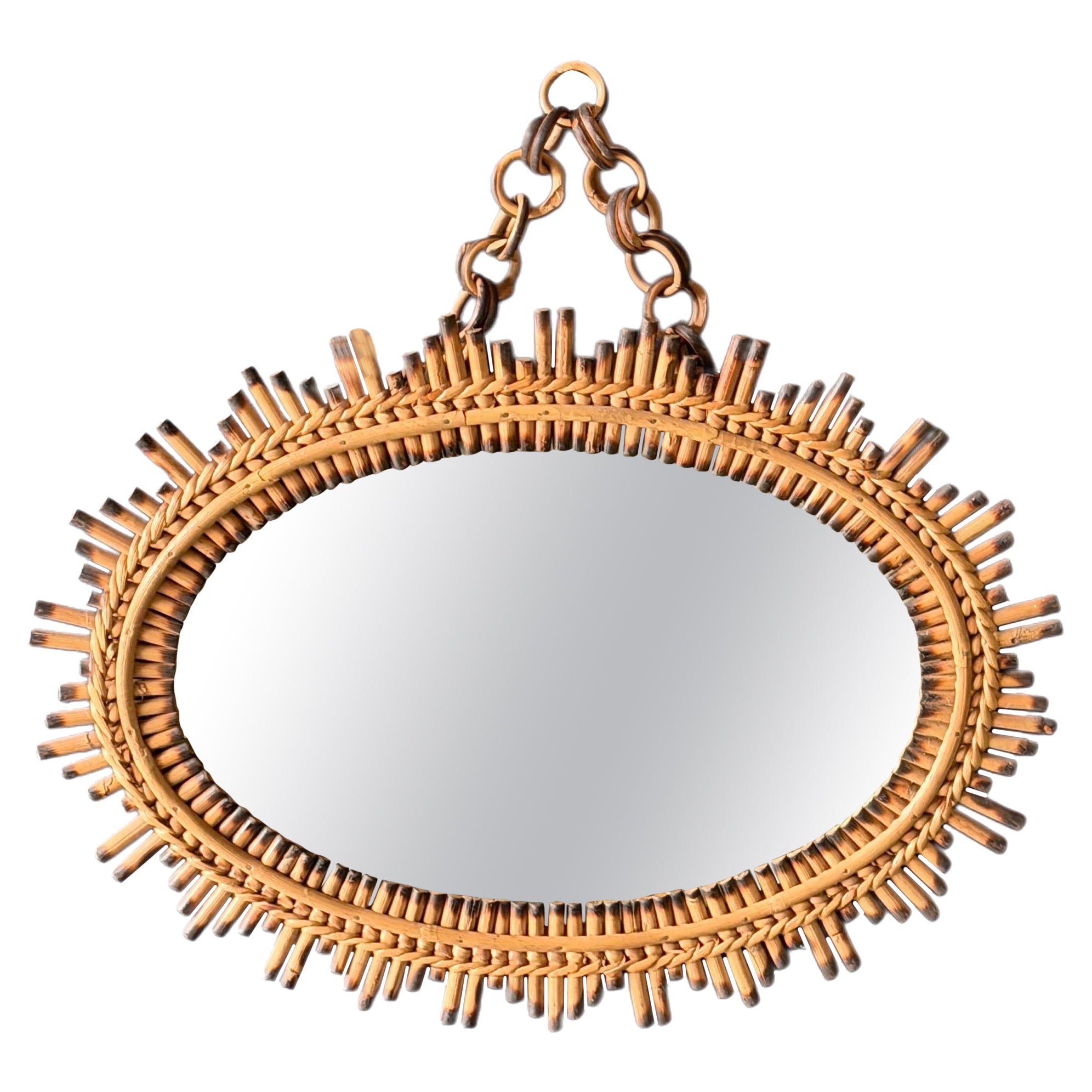 Rare And Unusual Mid Century Cane Bamboo Oval Wall Mirror
