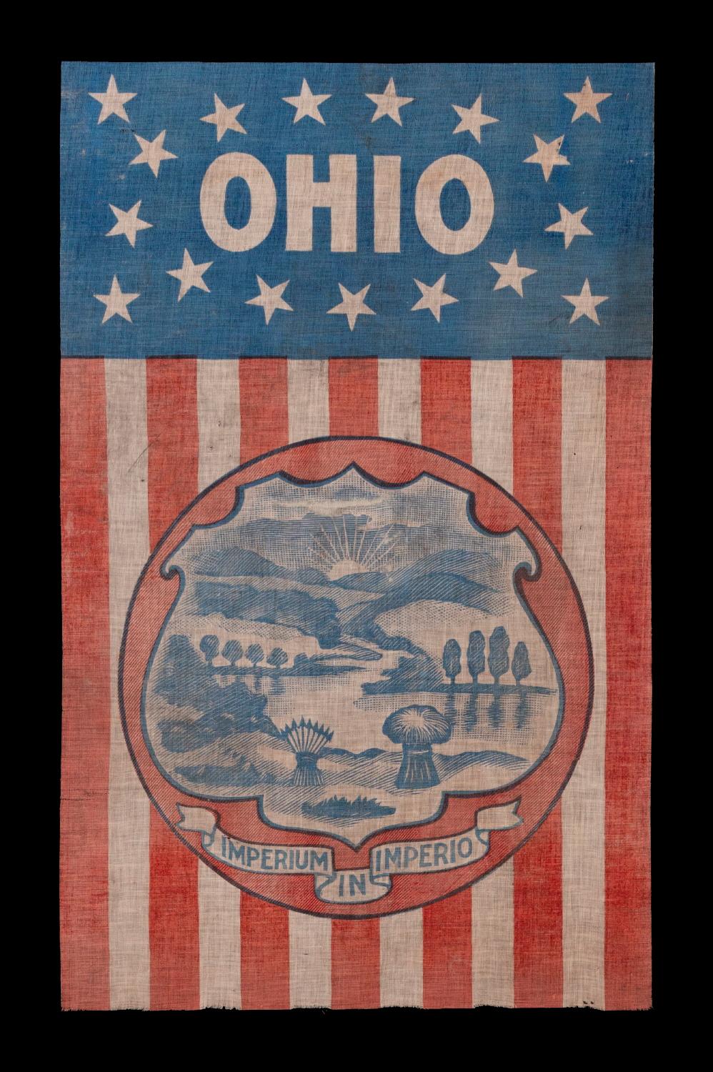 Rare and unusual parade flag banner with 17 stars on a blue ground and the 1866 version of the Ohio state seal on a ground of 13 red and white stripes, made ca 1890 -1905

Printed on coarse cotton, in the manner of a parade flag, this rare