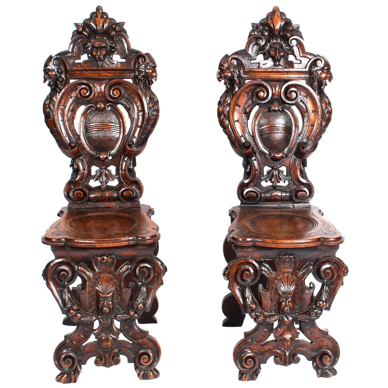 Antique Pair Carved Italian Walnut Sgabello Hall Chairs 19th C