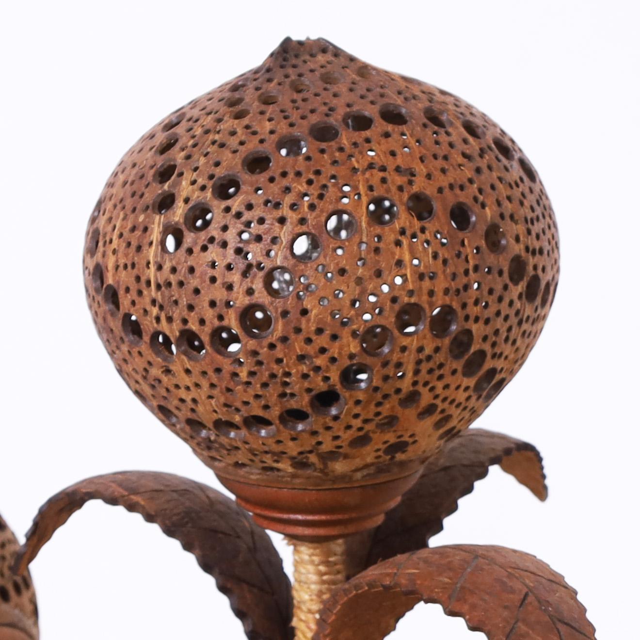 Hand-Crafted Rare and Unusual Pierced Coconut Shell Table Lamp For Sale