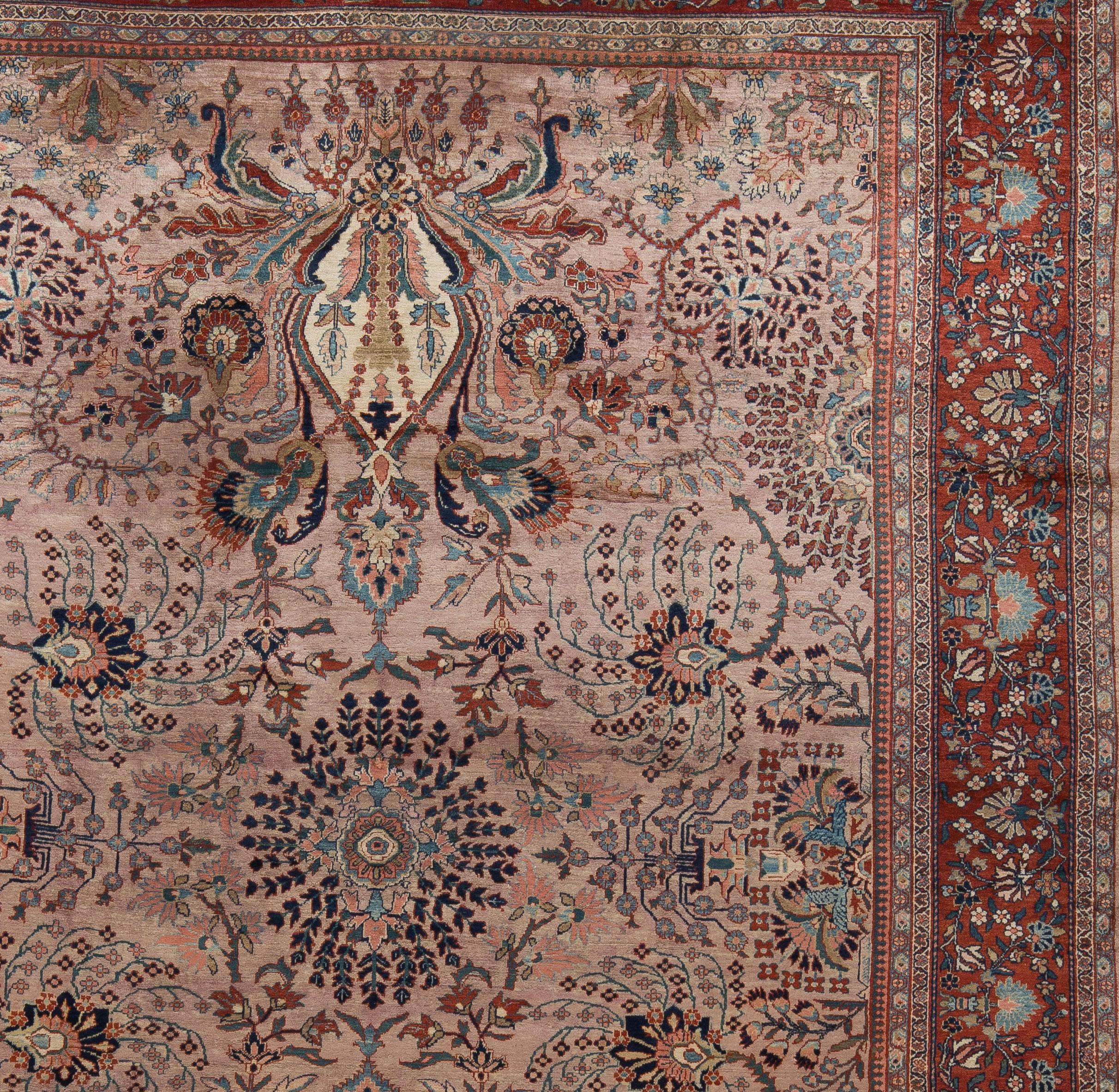 Rare and Unusual Pink Persian Ferahan Sarouk Large Antique Floral Rug  In Good Condition For Sale In Hudson, NY