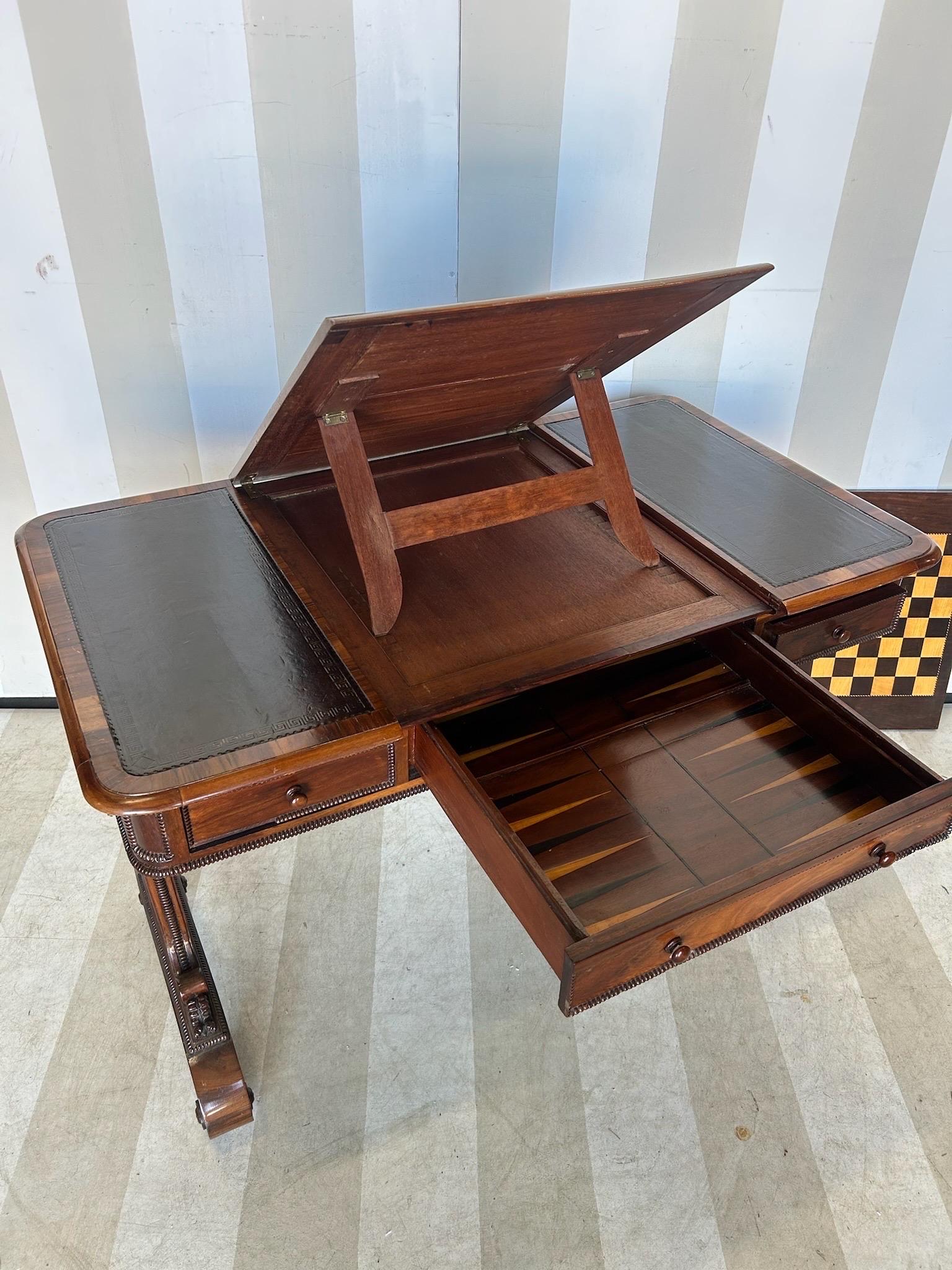 Rosewood Rare and Unusual Regency Period Metamorphic Leather top Desk and Games Table For Sale